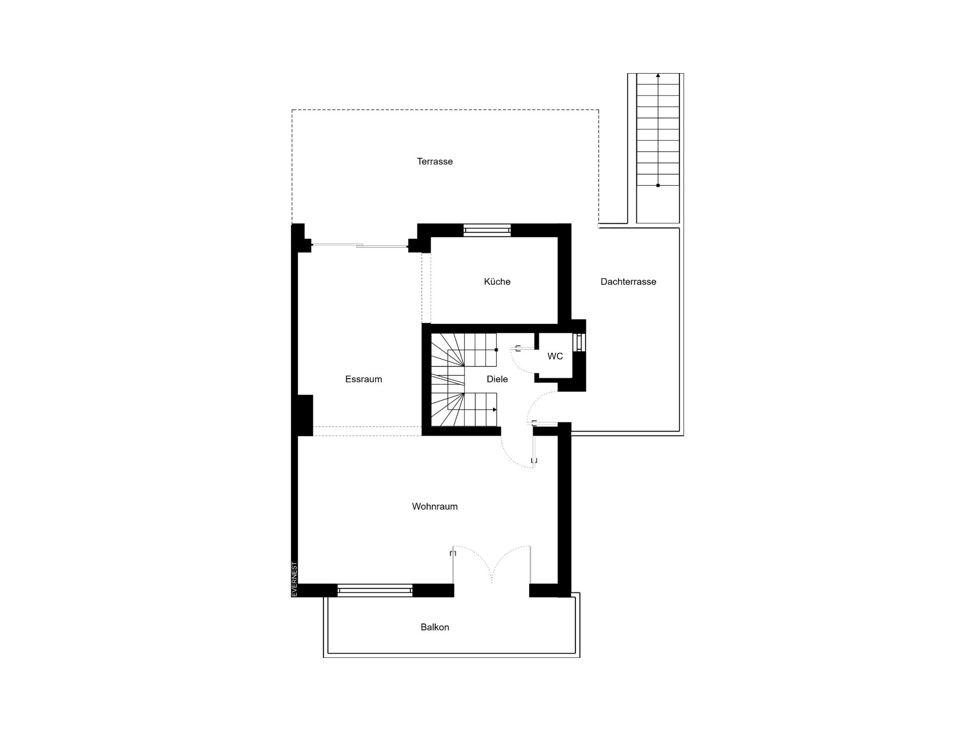 Grundriss einer Wohnung mit Küche, Essraum, Wohnraum, WC, Diele, Terrasse und Balkon.