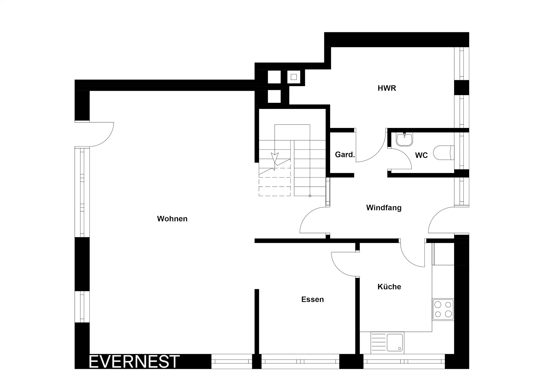 Grundriss mit Wohnzimmer, Essbereich, Küche, HWR, WC, Windfang und Garderobe.