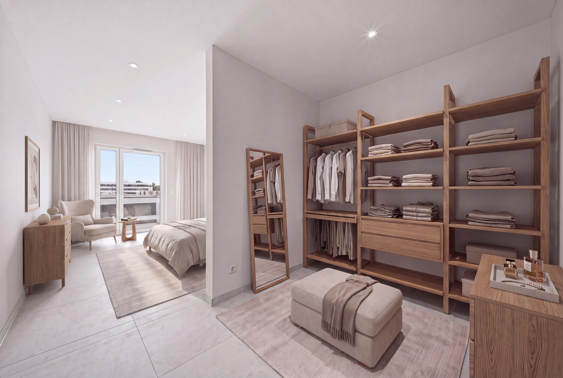 Modernes Schlafzimmer mit Ankleidebereich, Regal, Spiegel und hellen Holzmöbeln.