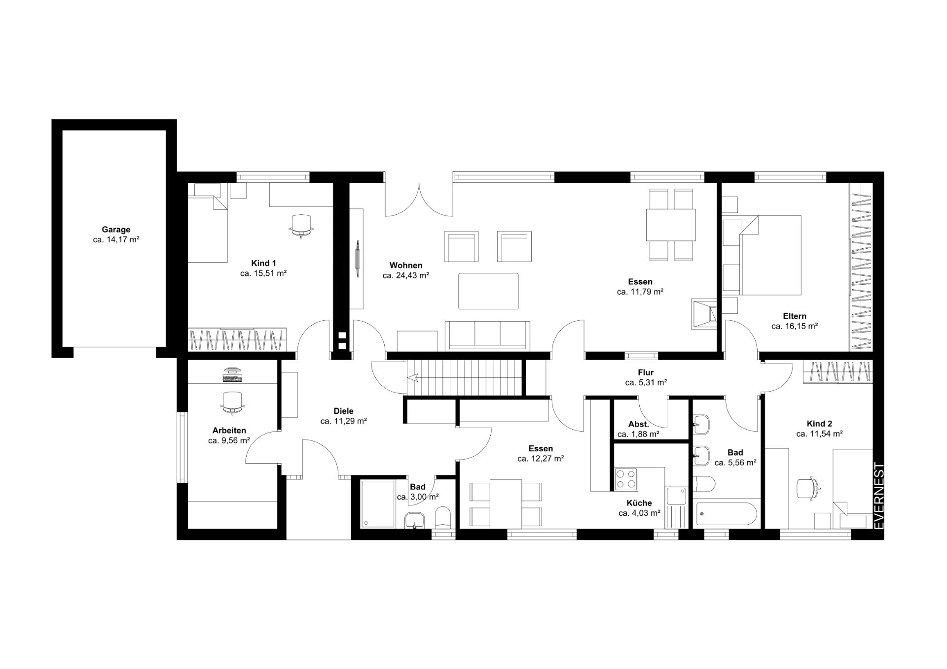 Grundriss eines Hauses mit Garage, Wohnzimmer, Küche, Bädern und mehreren Schlafzimmern.