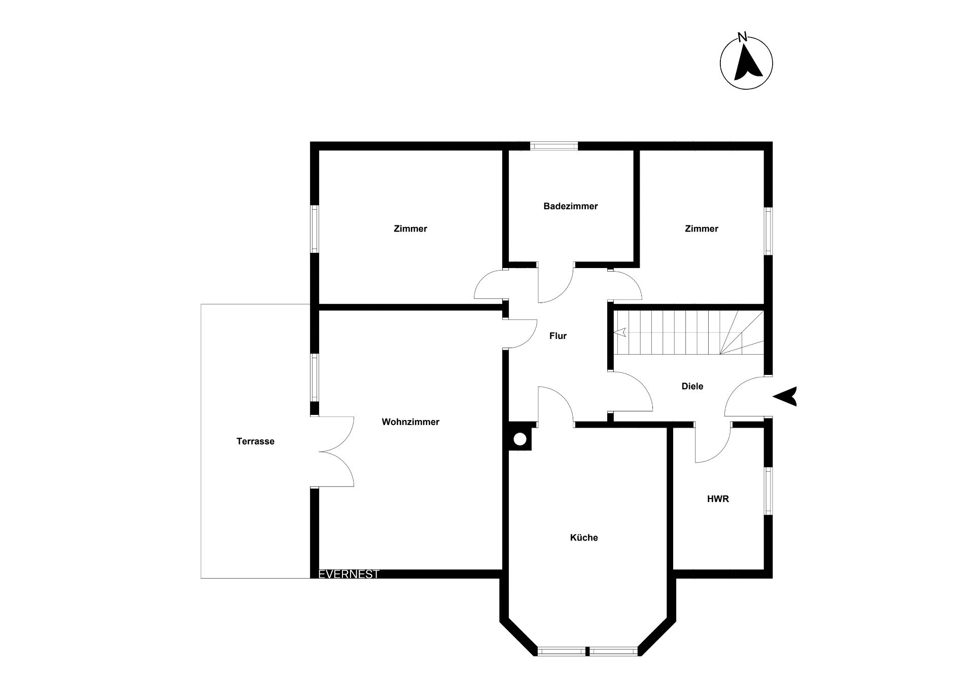 Grundriss mit Wohnzimmer, Küche, Bad, zwei Zimmern, Terrasse und Hauswirtschaftsraum.