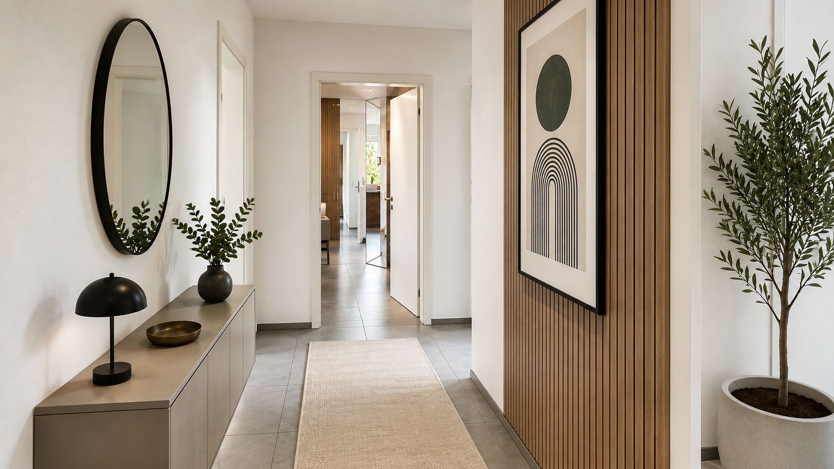 Heller Flur mit Spiegel, Kommode, Pflanze im Topf und moderner Wanddekoration.