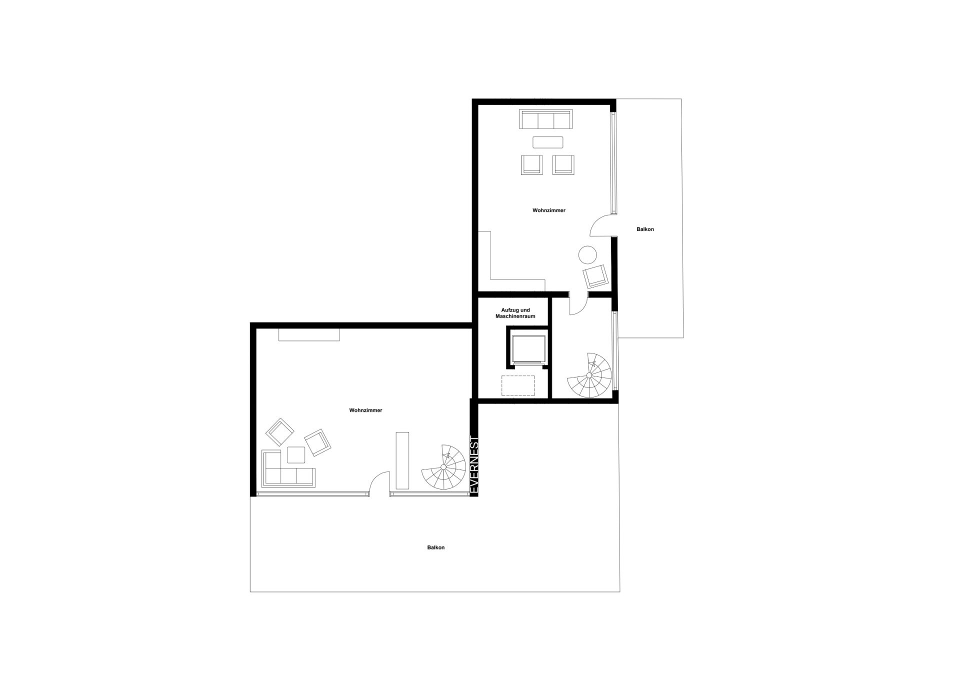 Grundriss mit zwei Wohnzimmern, zwei Balkonen, Aufzug und Treppenhaus.