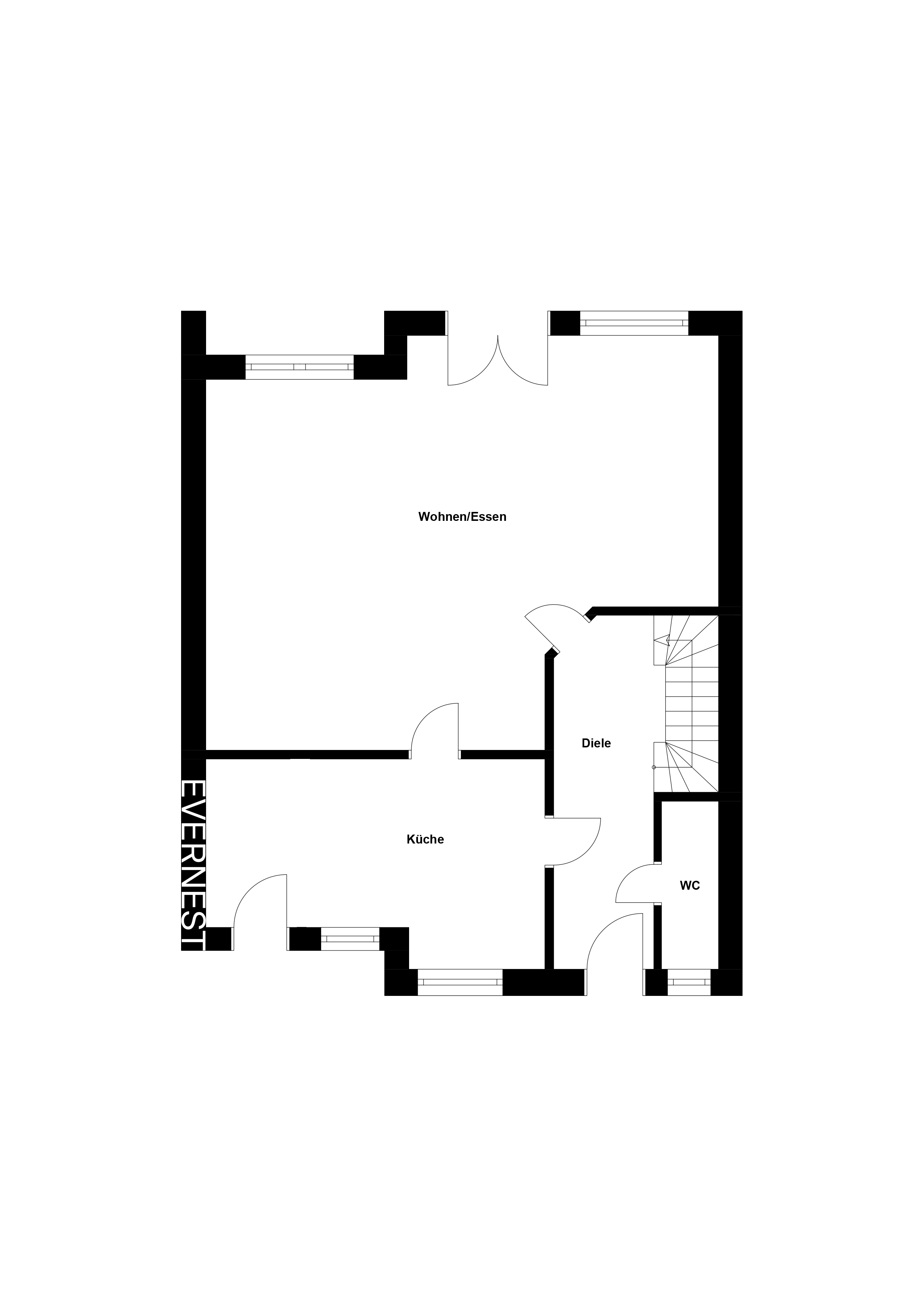 Grundriss mit Wohn- und Essbereich, Küche, Diele und WC.