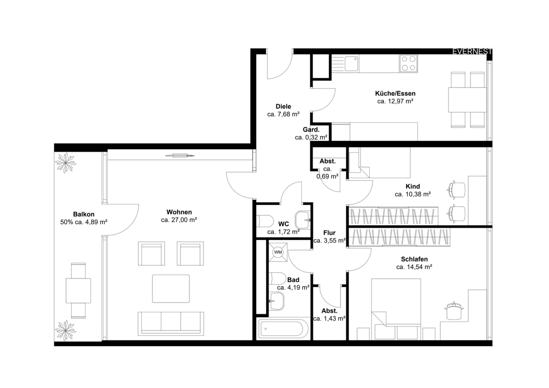 Grundriss einer Wohnung mit Balkon, Wohnzimmer, Küche, Bad, WC, Schlafzimmer und Kinderzimmer.