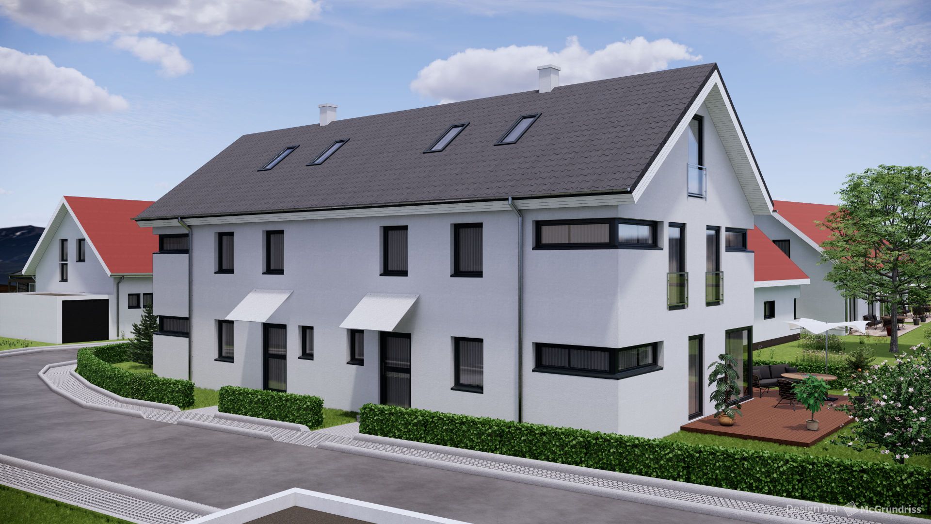 Modernes, zweistöckiges Wohnhaus mit Satteldach, weißen Wänden und Garten im Vordergrund.
