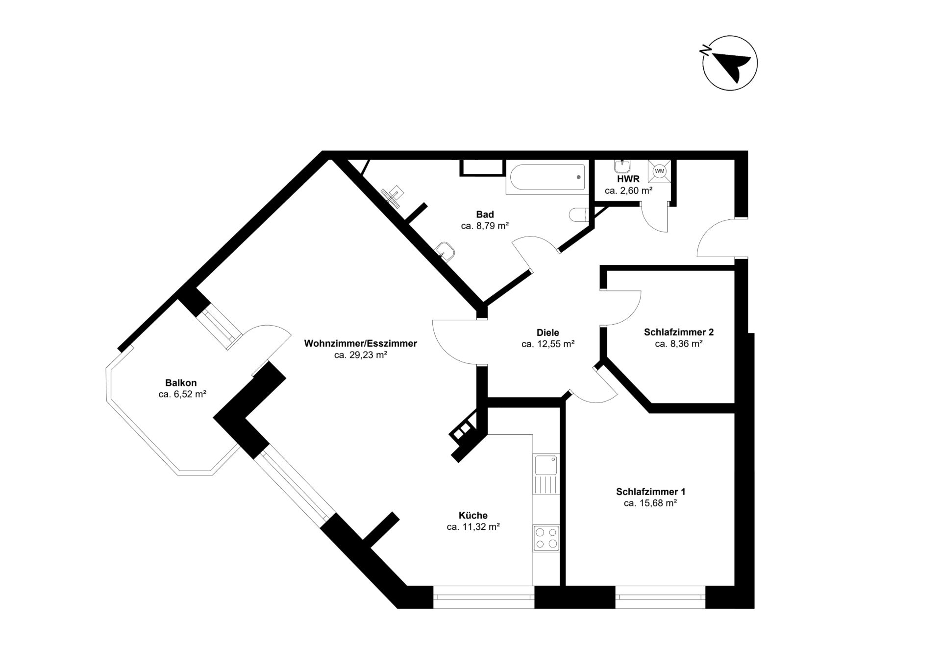 Grundriss einer Wohnung mit zwei Schlafzimmern, Bad, Küche, Wohnzimmer/Esszimmer und Balkon.