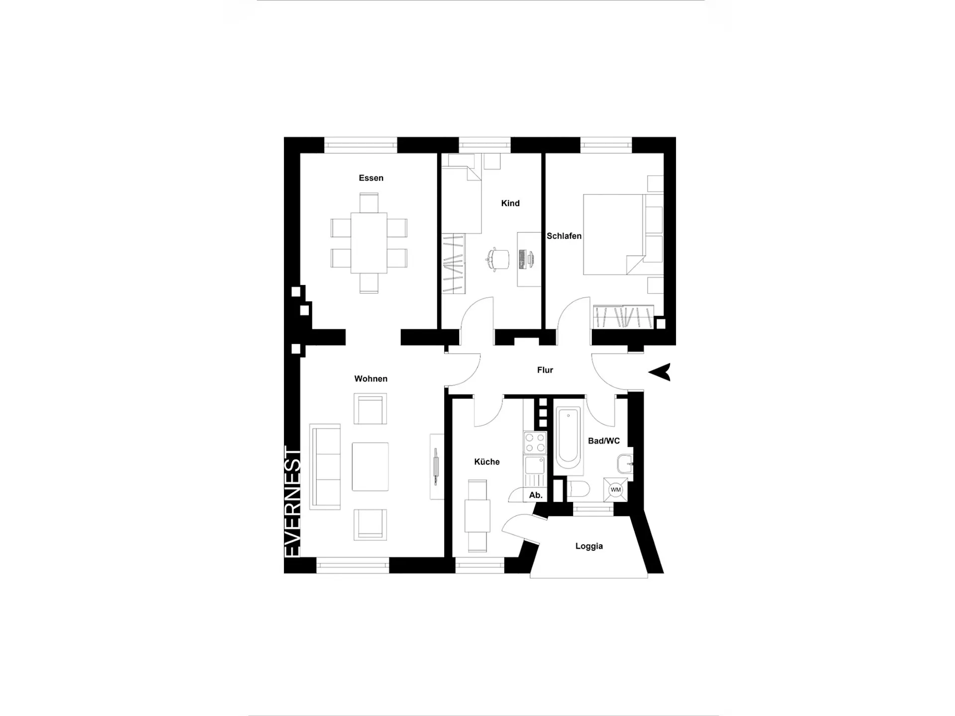 Grundriss einer Wohnung mit Wohn-, Schlaf-, Kinderzimmer, Küche, Bad und Loggia.