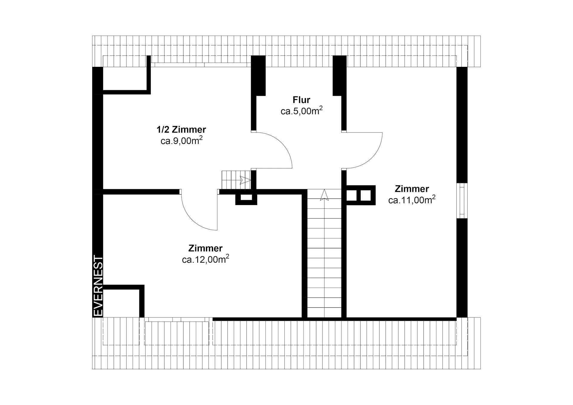 Grundriss mit drei Zimmern, Flur und Treppe, Quadratmeterangaben sind eingezeichnet.