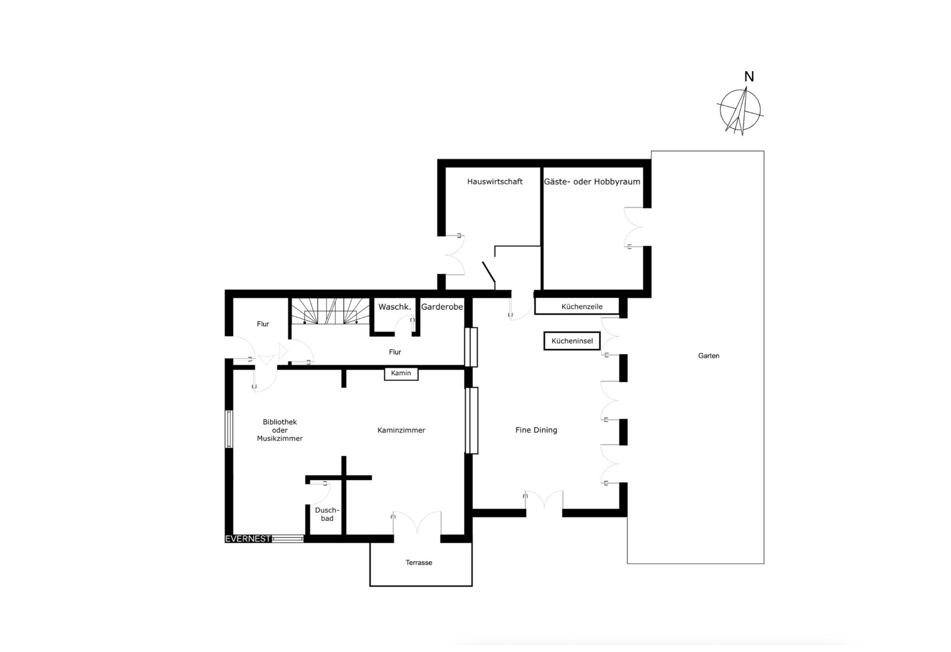 Grundriss eines Wohnhauses mit Küche, Kaminzimmer, Bad, Terrasse und Garten.