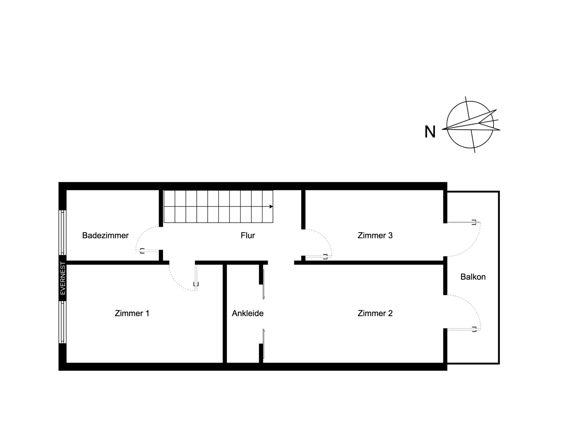 Grundriss mit Flur, drei Zimmern, Ankleide, Badezimmer und Balkon.