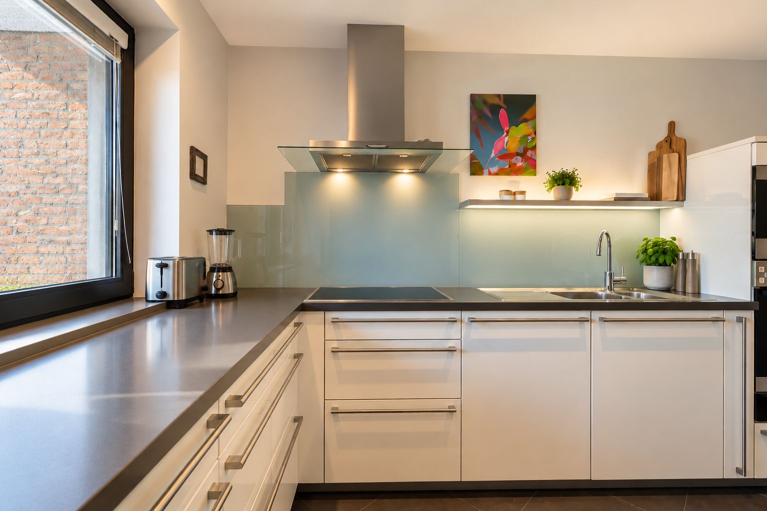 Moderne Küche mit weißen Schränken, großem Fenster und Pflanzen auf der Arbeitsfläche.