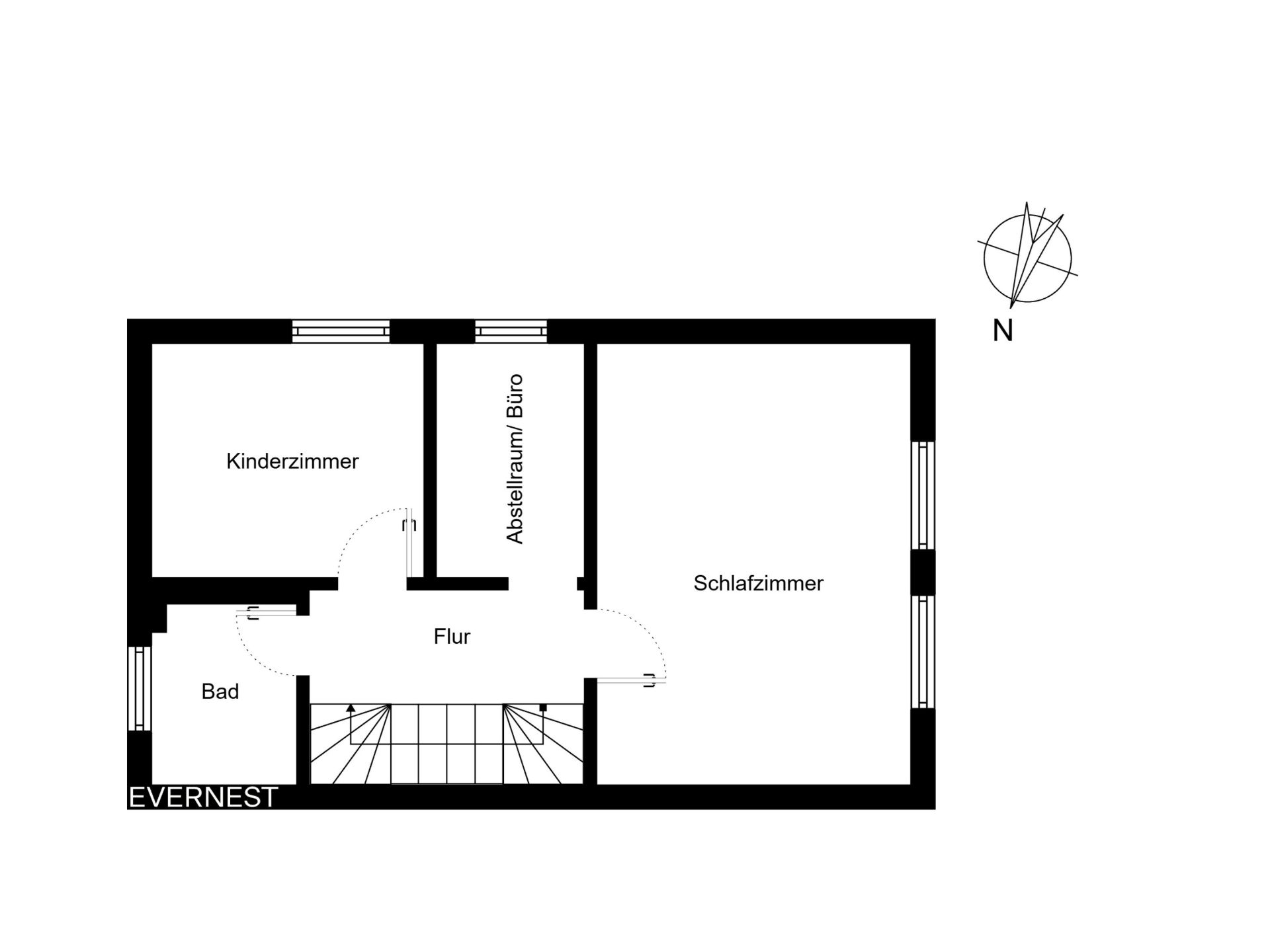 Grundriss mit Kinderzimmer, Schlafzimmer, Bad, Abstellraum/Büro und Flur.