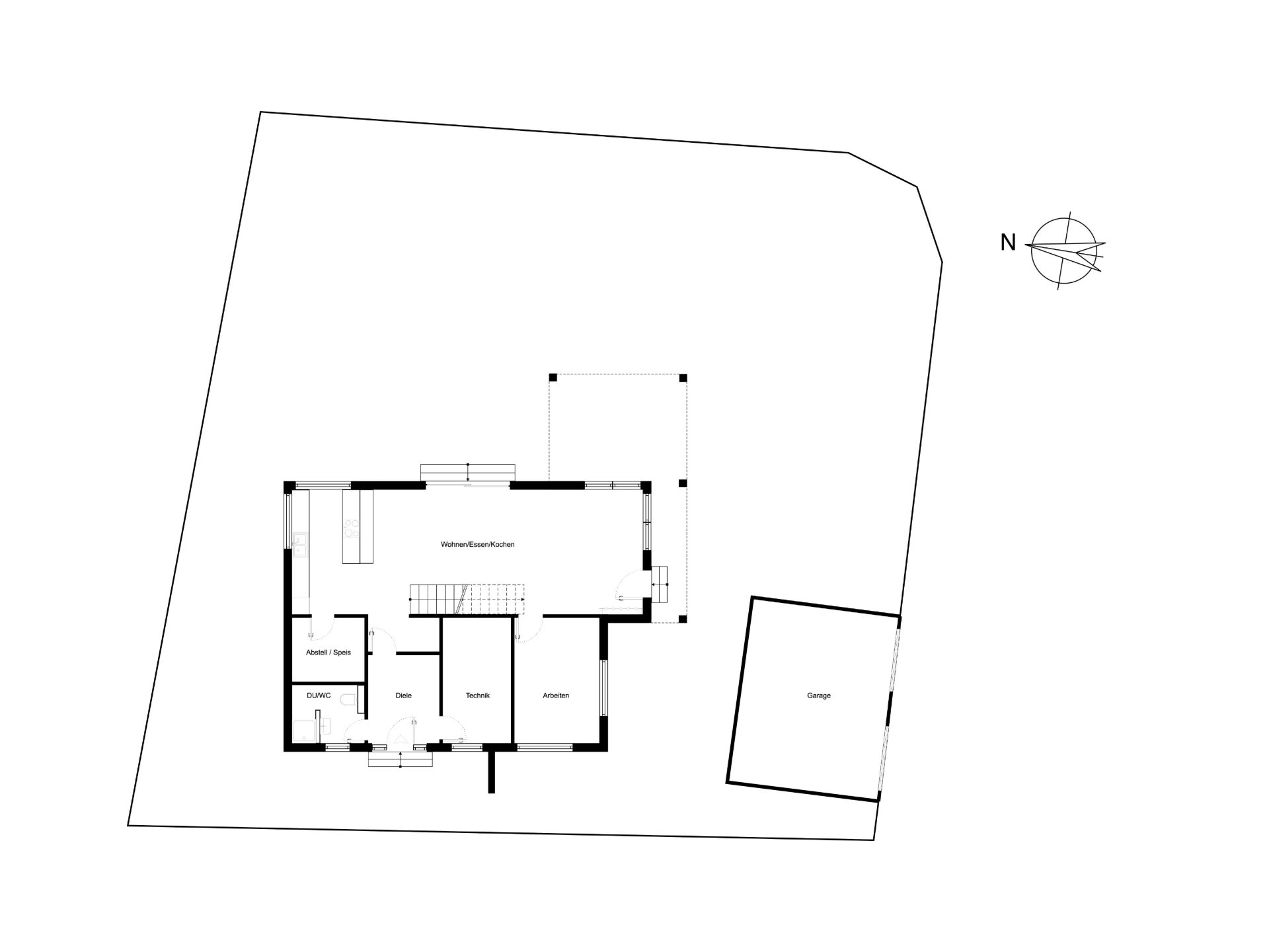 Grundriss eines Wohnhauses mit separater Garage auf dem Grundstück.