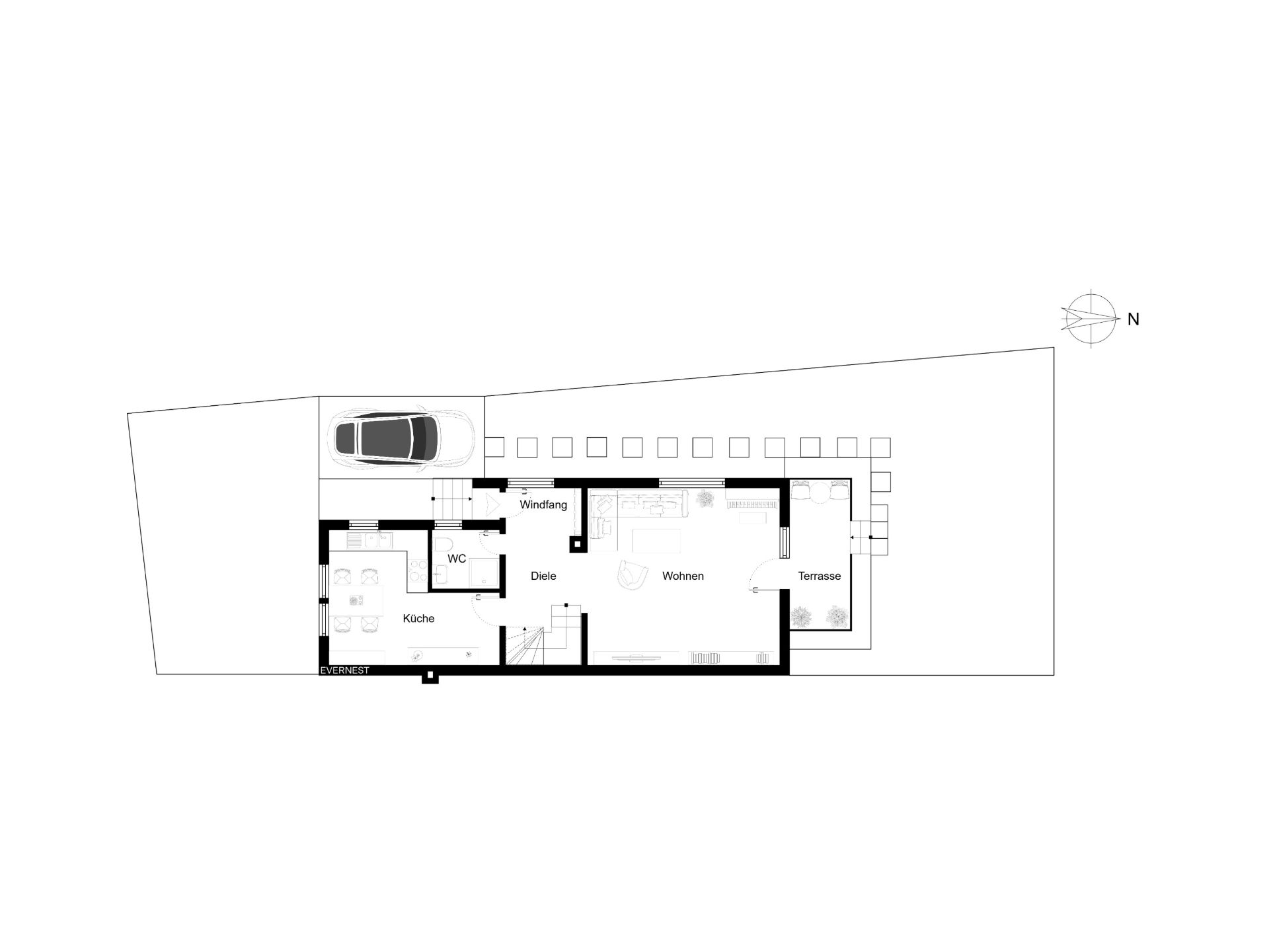 Grundriss eines Hauses mit Küche, Wohnbereich, WC, Diele, Windfang, Terrasse und Parkplatz.