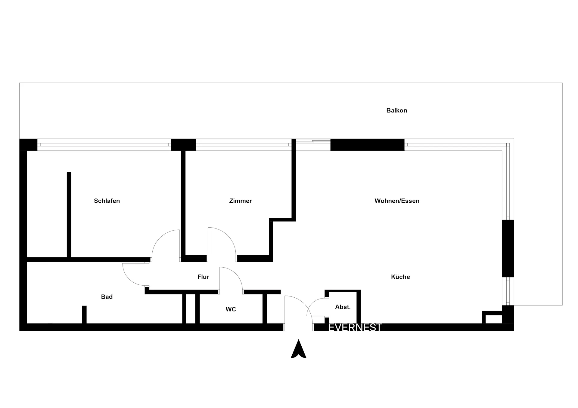 Grundriss einer Wohnung mit Schlafzimmer, Zimmer, Bad, WC, Flur, Abstellraum, Küche, Wohnen/Essen und Balkon.