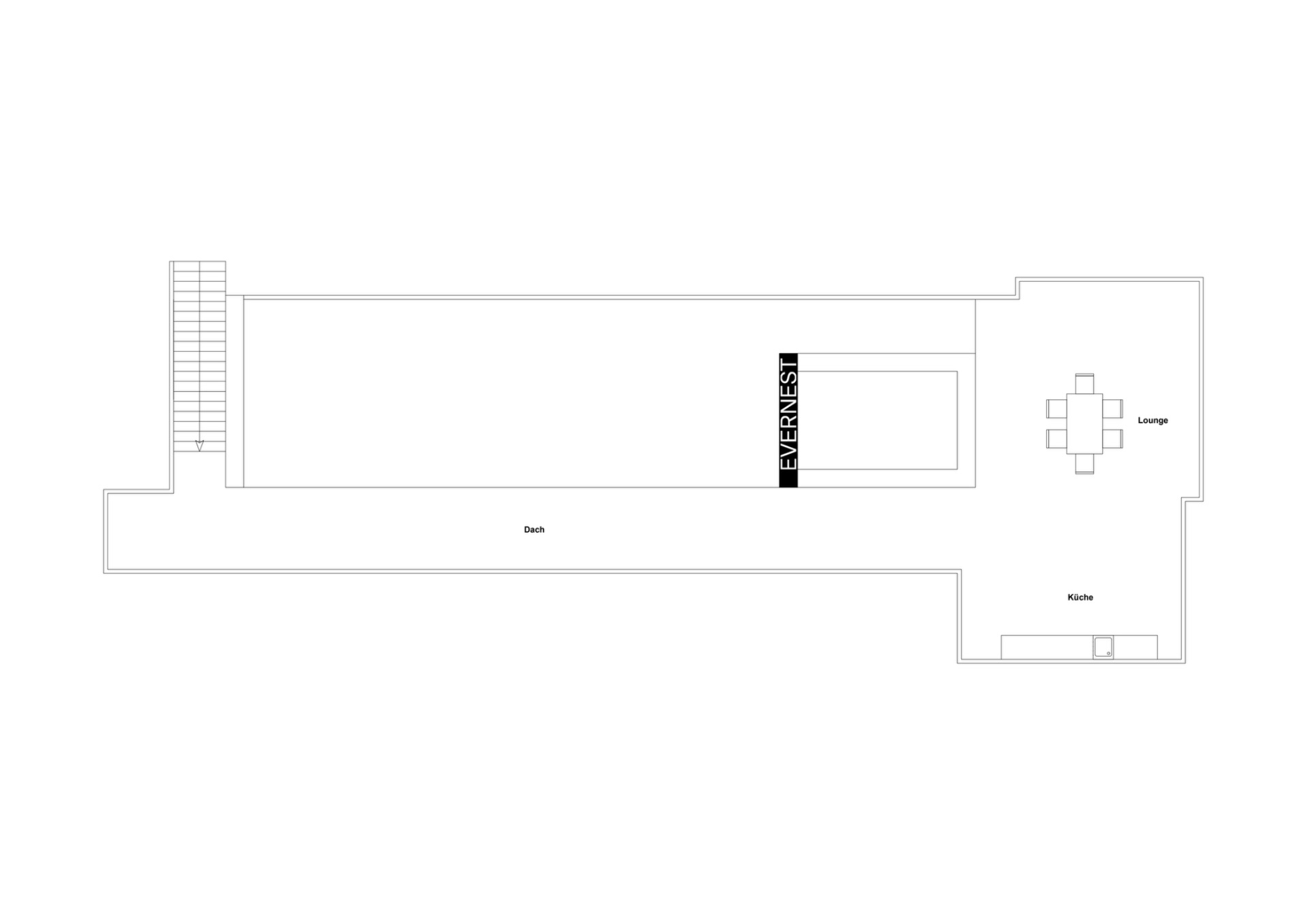 Grundriss mit Dach, Pool, Lounge mit Tisch und Küche.