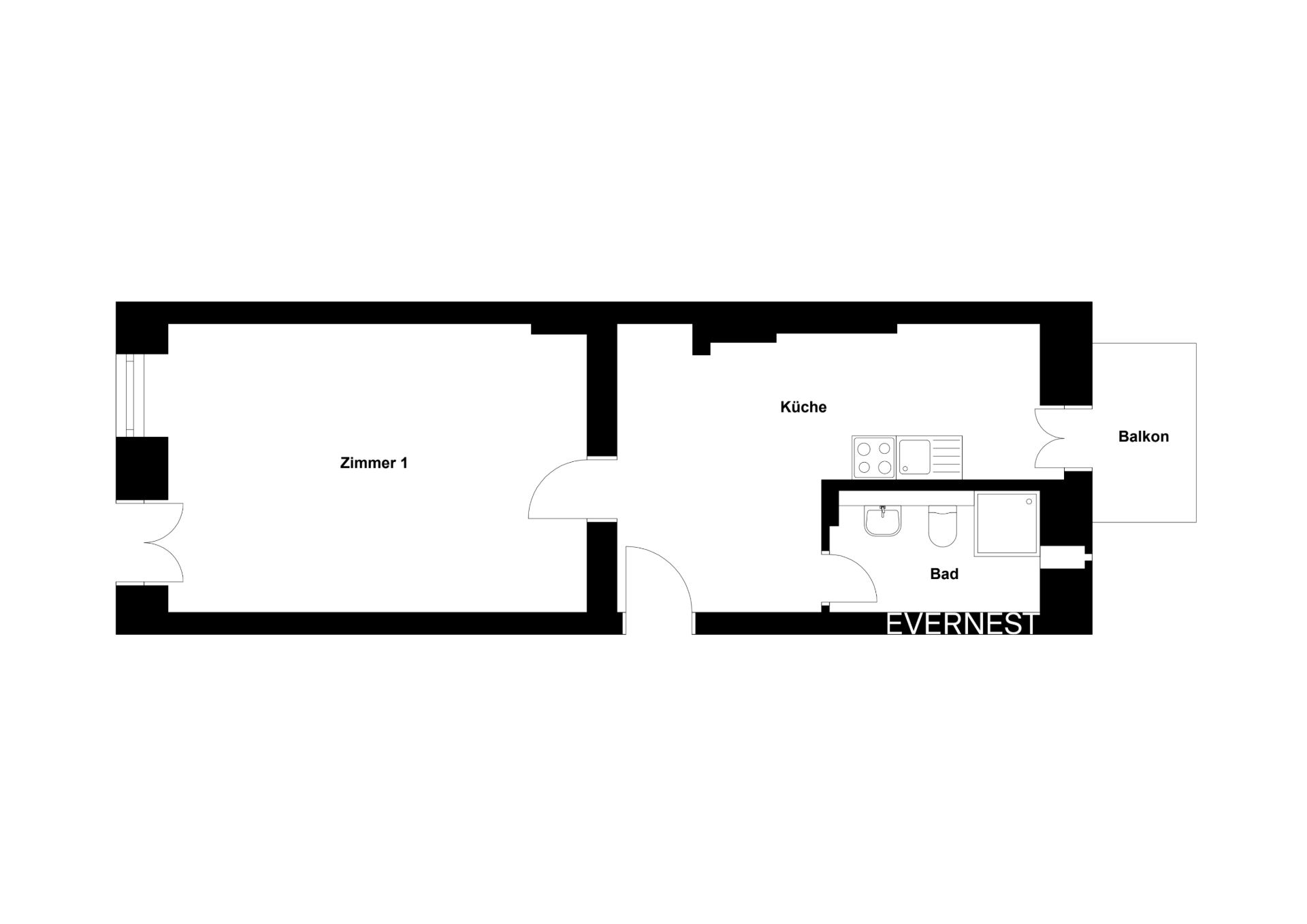 Grundriss mit einem Zimmer, Küche, Bad und einem Balkon.