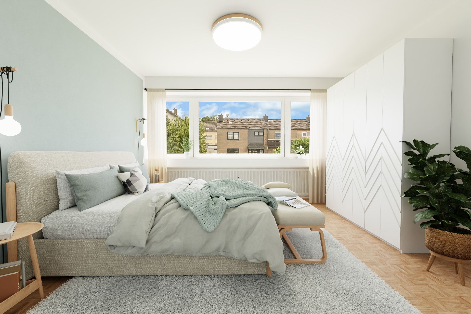 Modernes Schlafzimmer mit großem Bett, weißen Schränken, Pflanzen und großem Fenster.