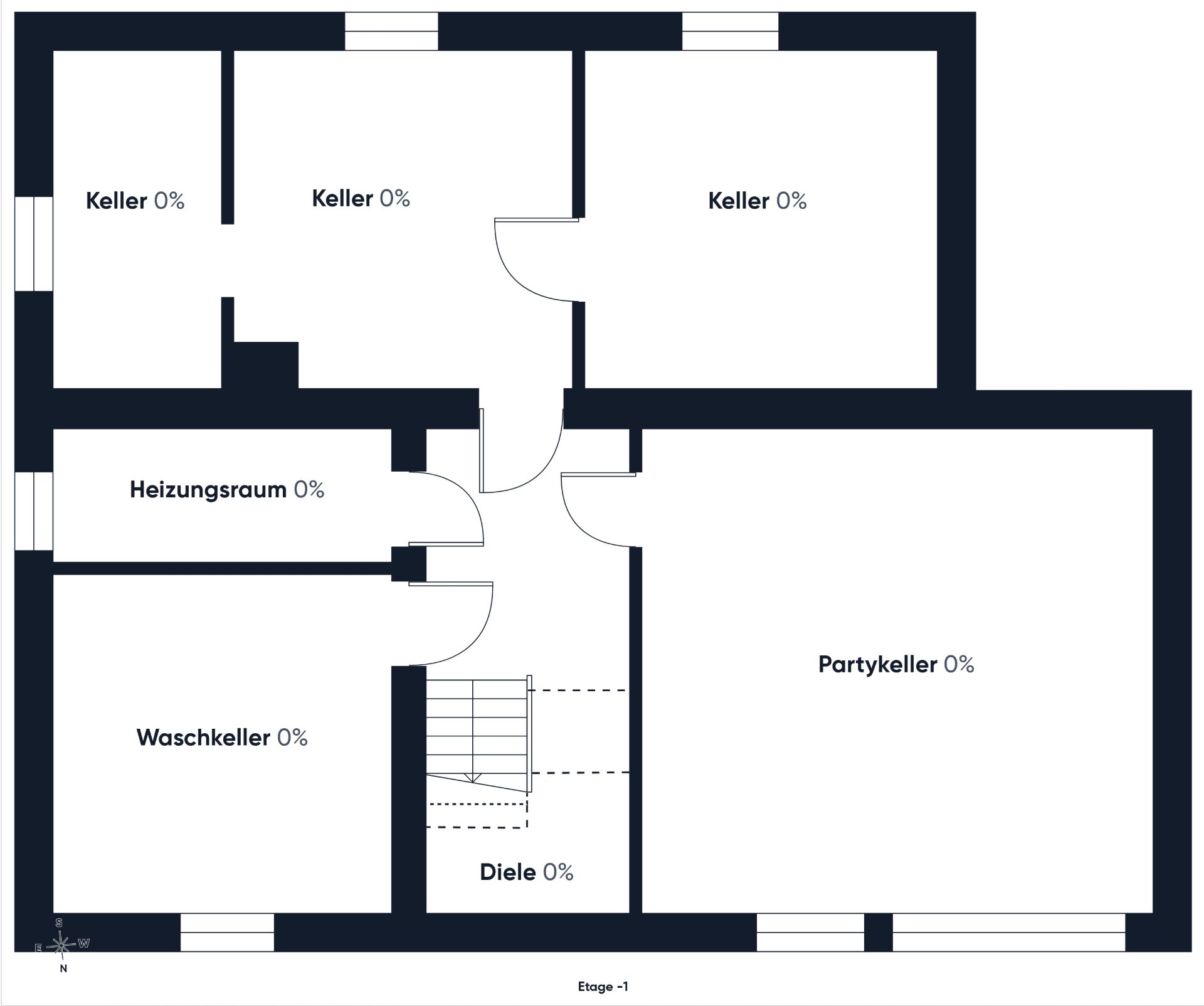 Grundriss eines Kellers mit Partykeller, Heizungsraum, Waschkeller und mehreren Kellerräumen.