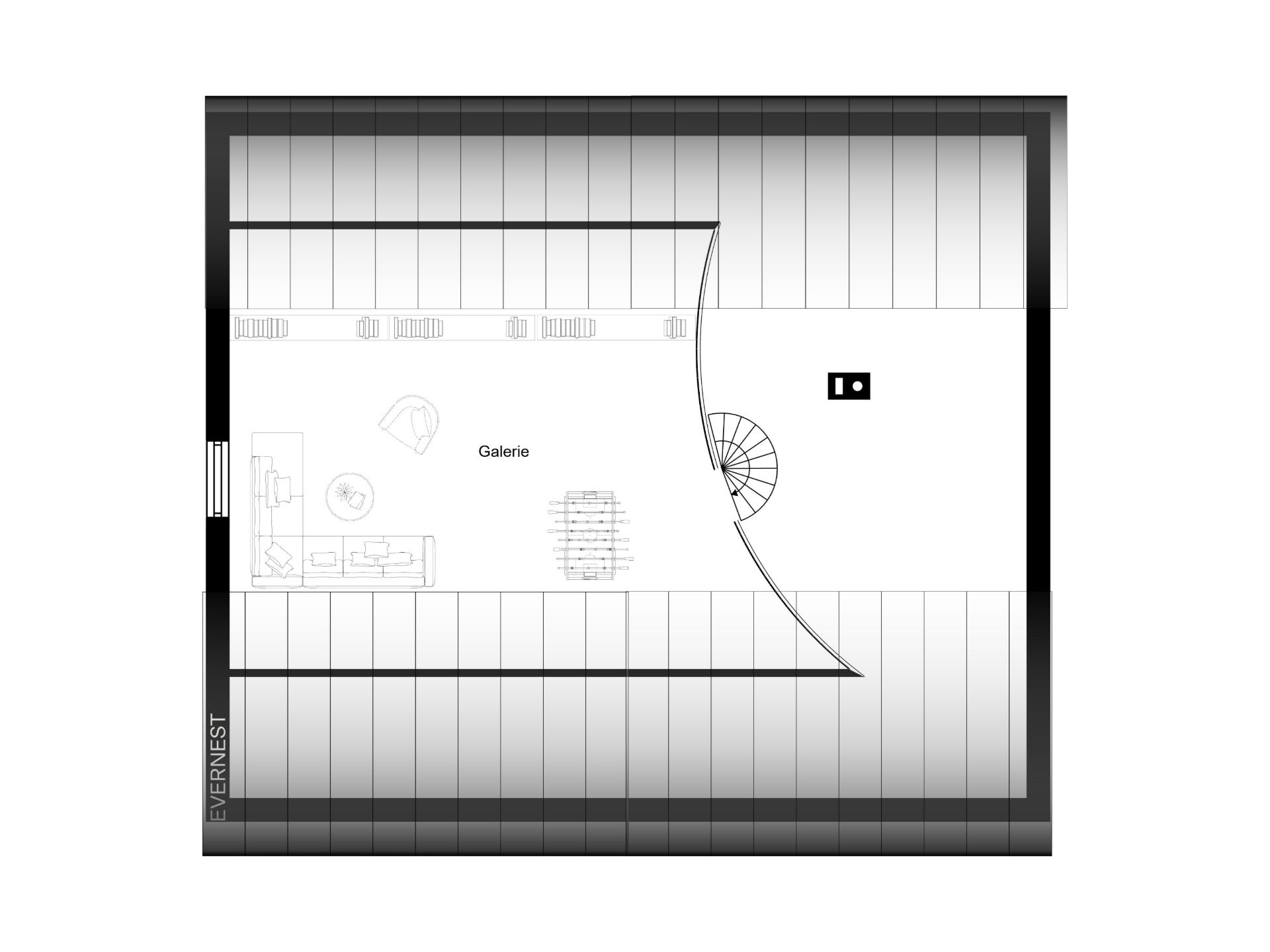 Grundriss einer Galerieetage mit Möbeln und Treppe in einem Wohnhaus.
