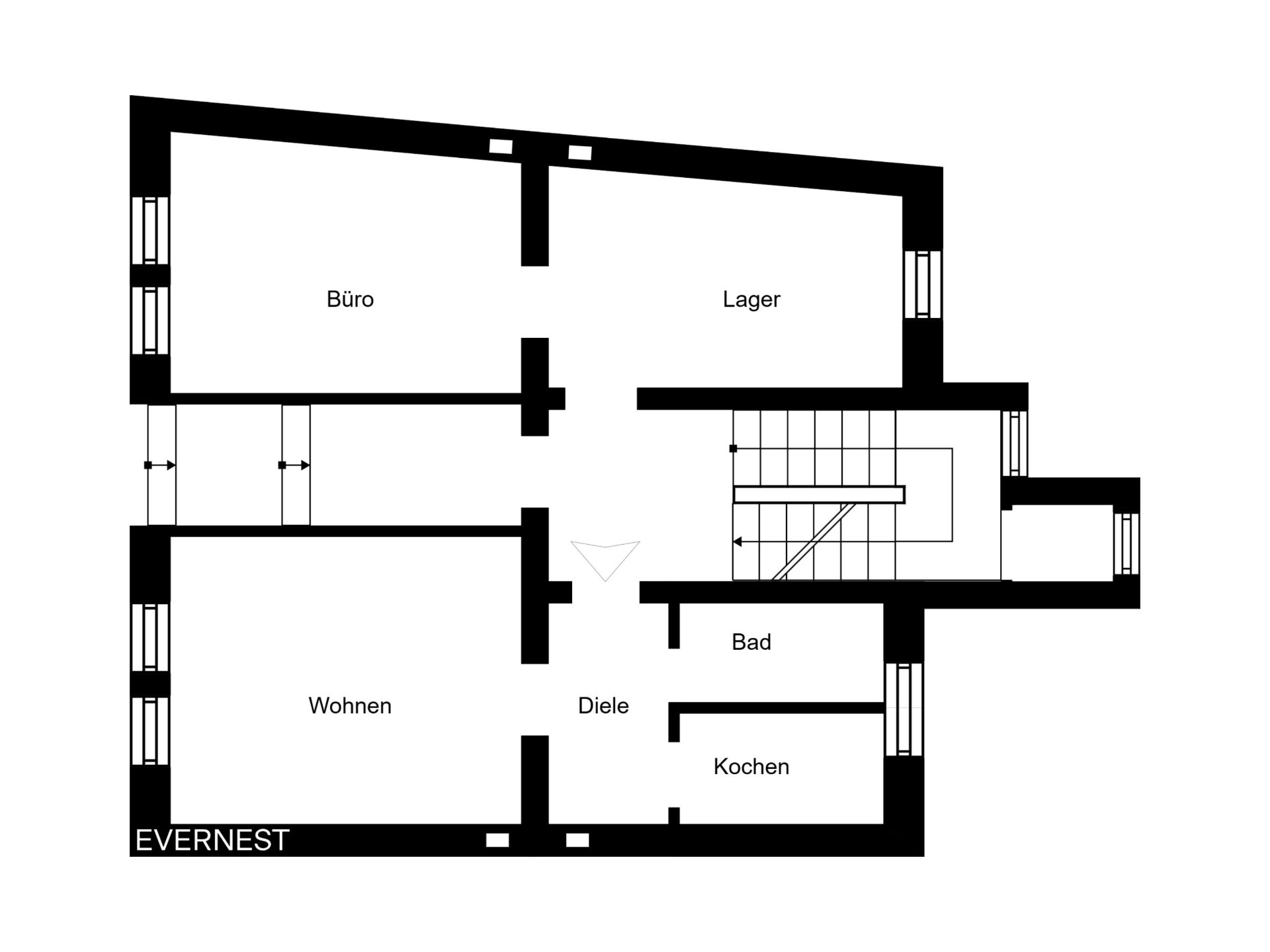 Grundriss einer Wohnung mit Büro, Lager, Wohnen, Kochen, Bad und Diele.