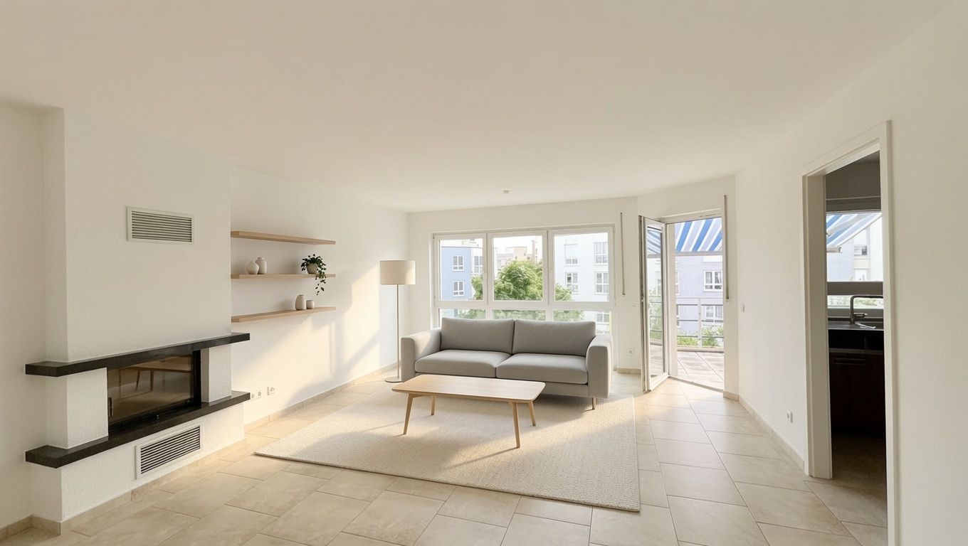 Helles Wohnzimmer mit grauem Sofa, Couchtisch, Kamin, Regalen und großen Fenstern.