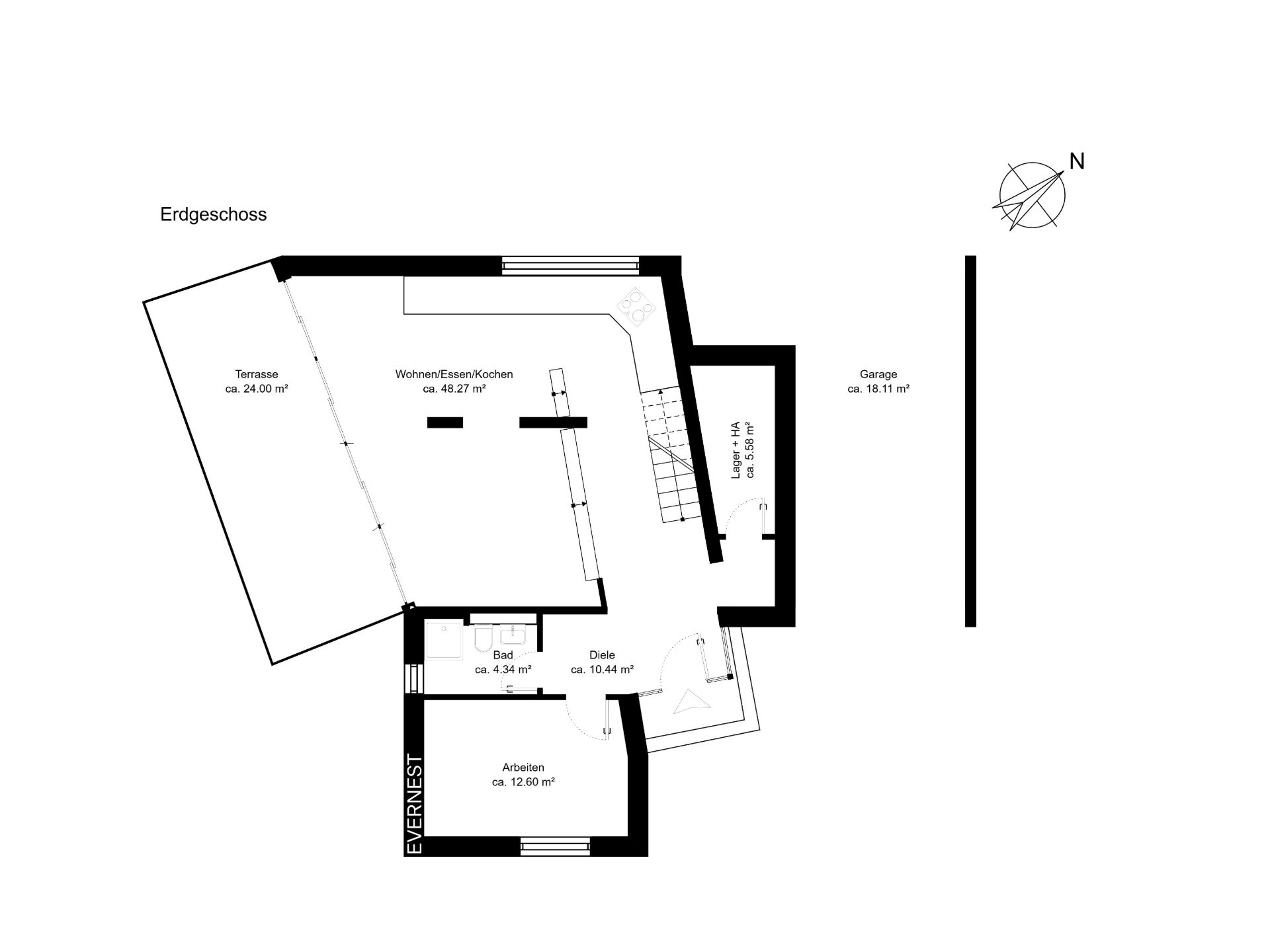 Grundriss des Erdgeschosses mit Terrasse, Wohnen/Essen/Küche, Bad, Diele, Arbeiten und Garage.