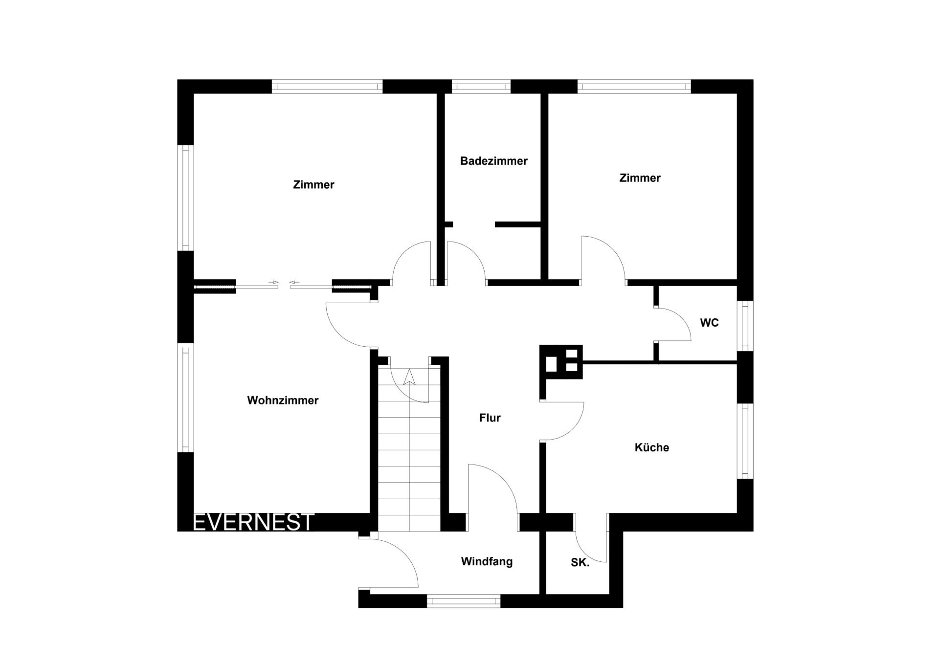 Grundriss mit Wohnzimmer, zwei Zimmern, Küche, Bad, WC, Flur, Windfang und Abstellraum.