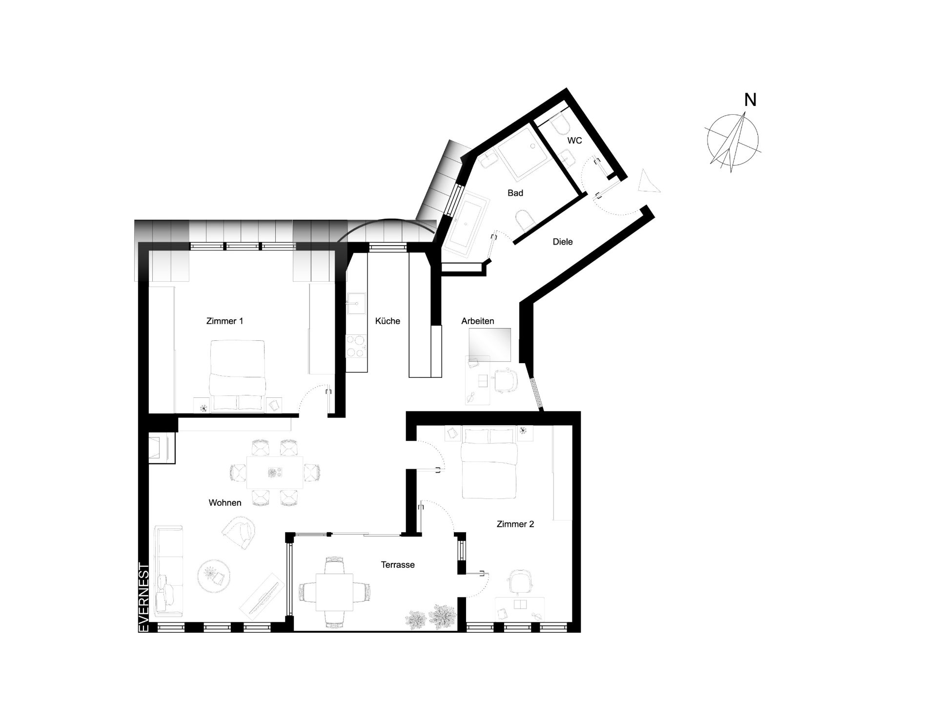 Grundriss einer Wohnung mit zwei Zimmern, Wohnzimmer, Küche, Bad, WC, Arbeitszimmer und Terrasse.