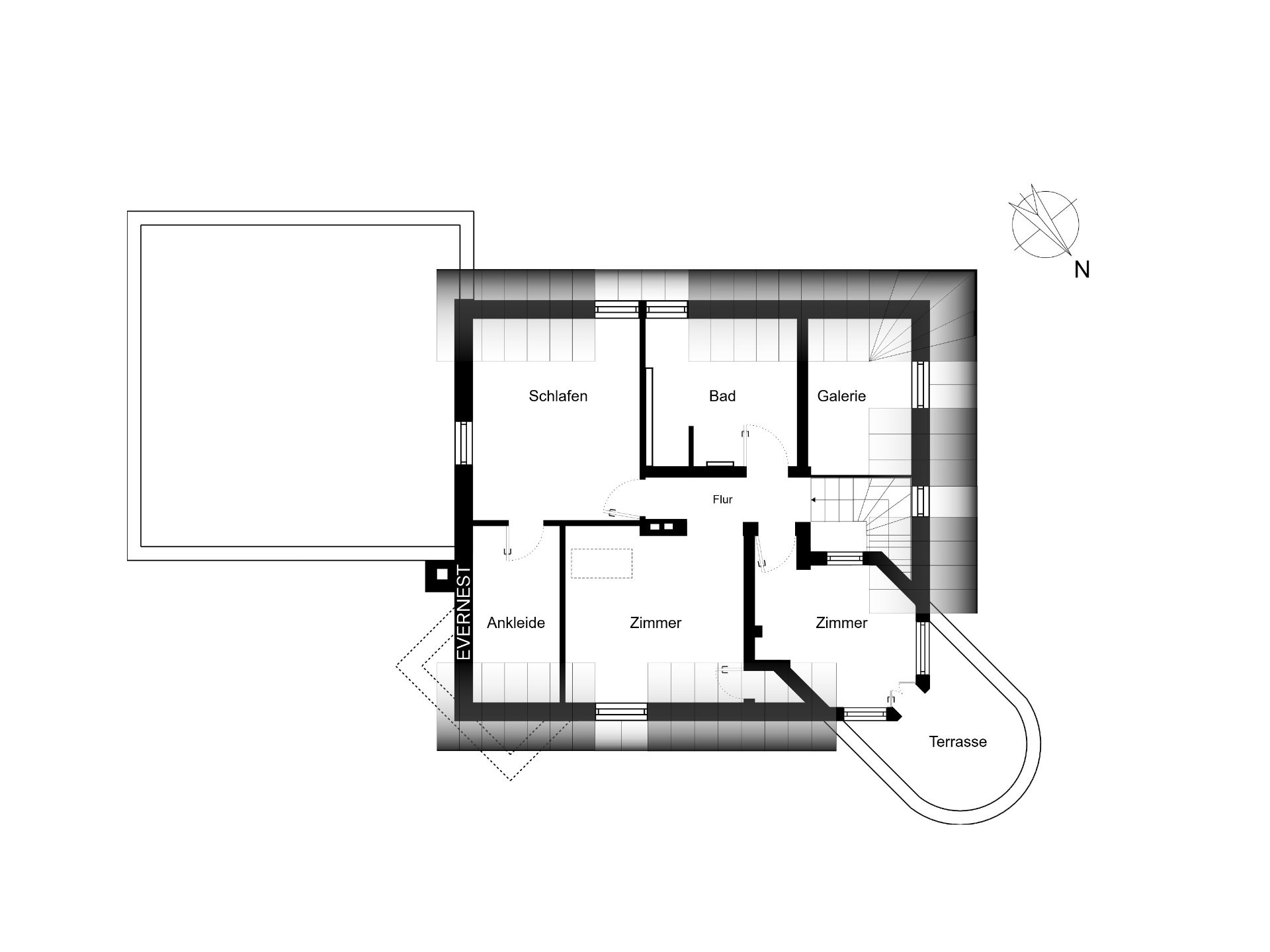 Grundriss eines Hauses mit Zimmern, Bad, Galerie, Ankleide und Terrasse.