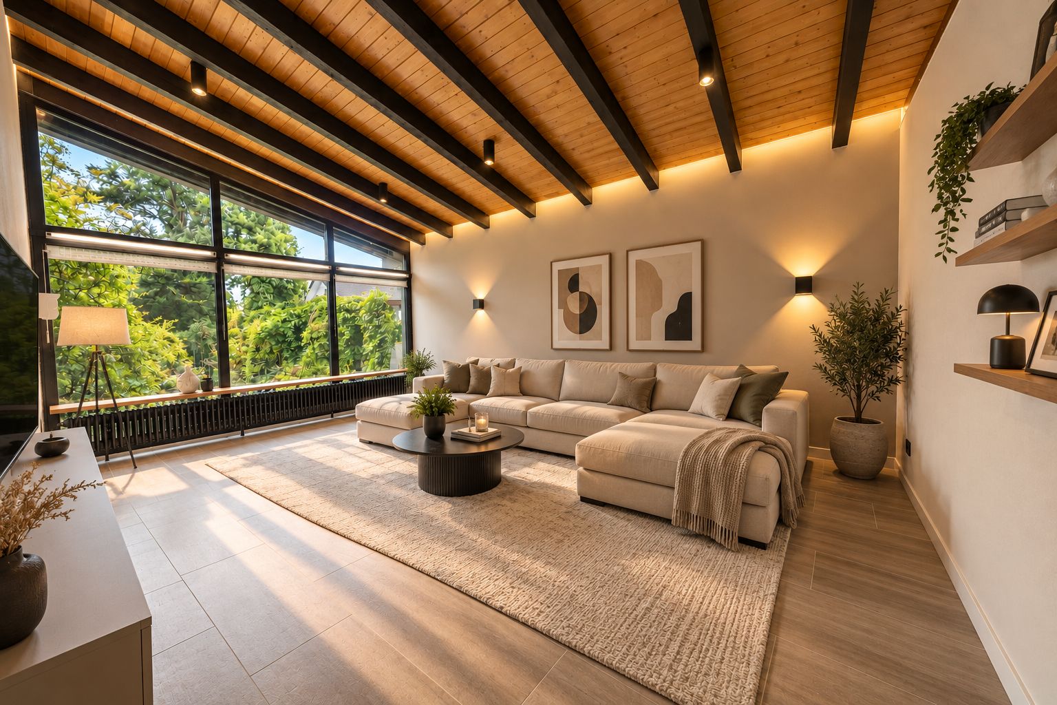 Helles Wohnzimmer mit großer Eckcouch, Holzdecke, großen Fenstern und moderner Dekoration.