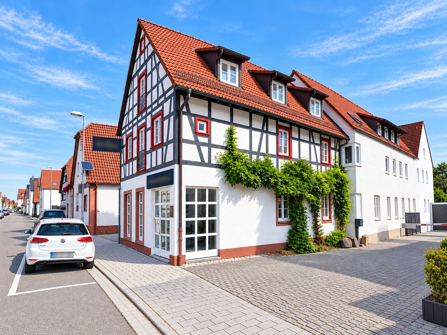 Fachwerkhaus mit roten Dachziegeln und begrüntem Eingangsbereich an einer ruhigen Straße.