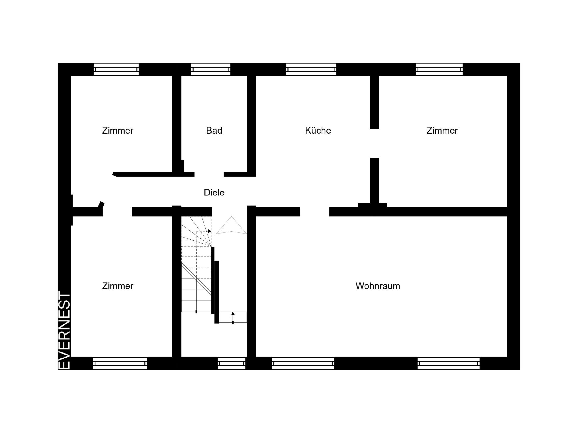 Grundriss mit drei Zimmern, Bad, Küche, Diele, Wohnraum und Treppe.