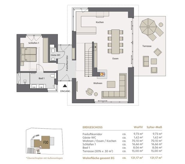 Grundriss des Erdgeschosses mit Wohnzimmer, Küche, Schlafzimmer, Bad und Terrasse.