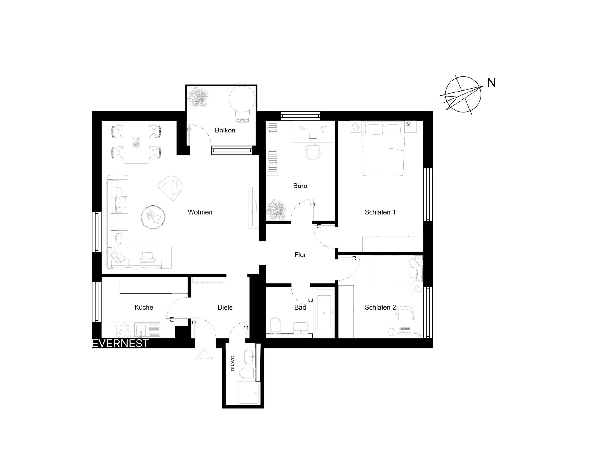Grundriss einer Wohnung mit Wohnzimmer, Küche, zwei Schlafzimmern, Büro, Bad, Flur und Balkon.