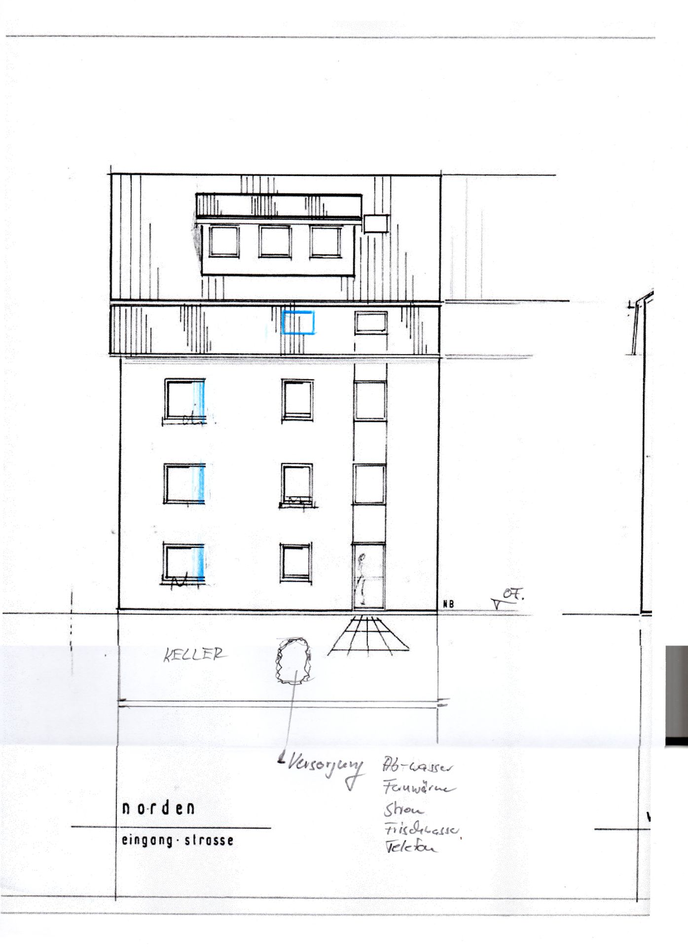 Skizze einer Hausfassade mit mehreren Fenstern und einem Eingang auf der Vorderseite.