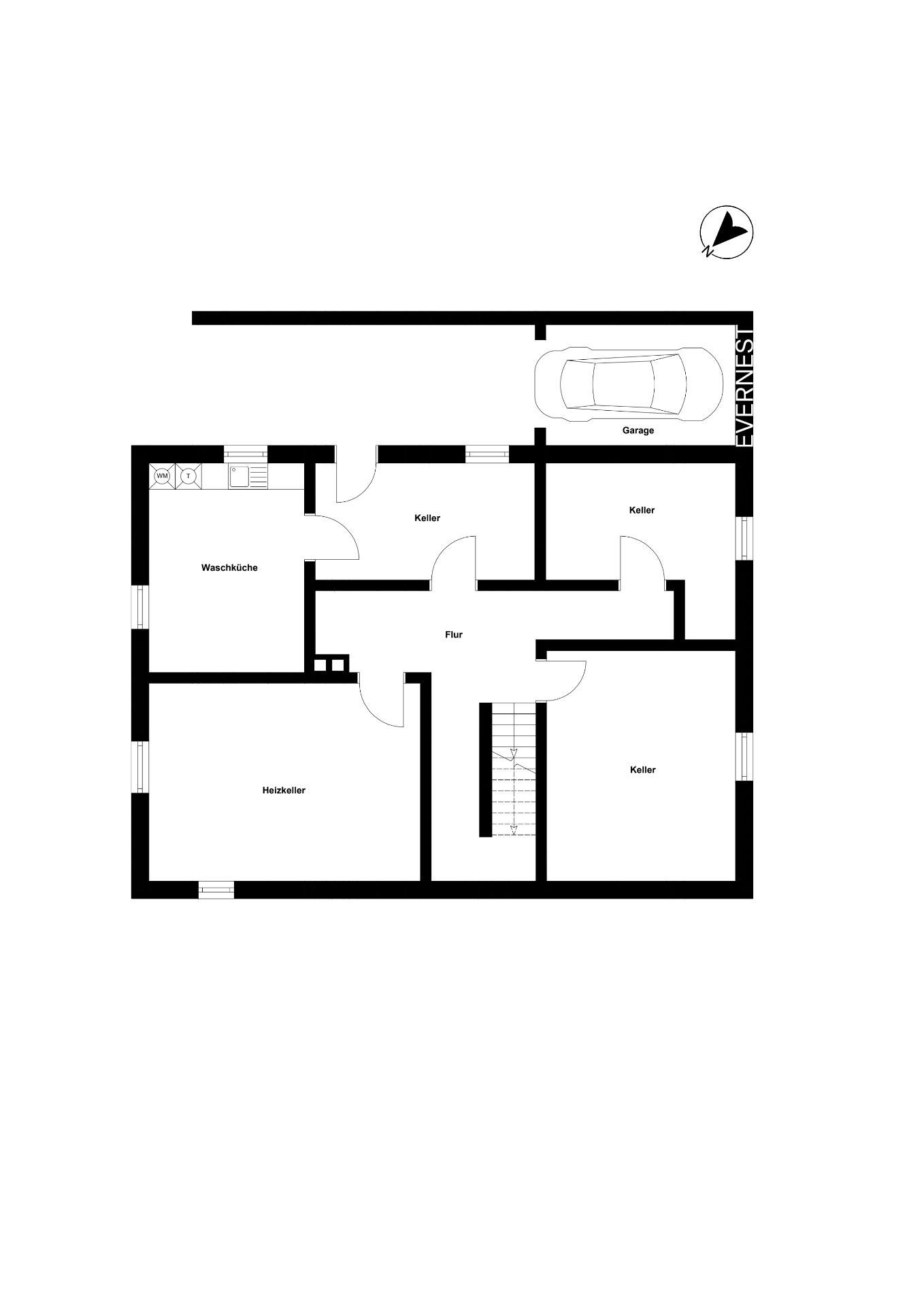Grundriss eines Kellers mit Waschküche, Heizkeller, mehreren Kellerräumen und Garage.