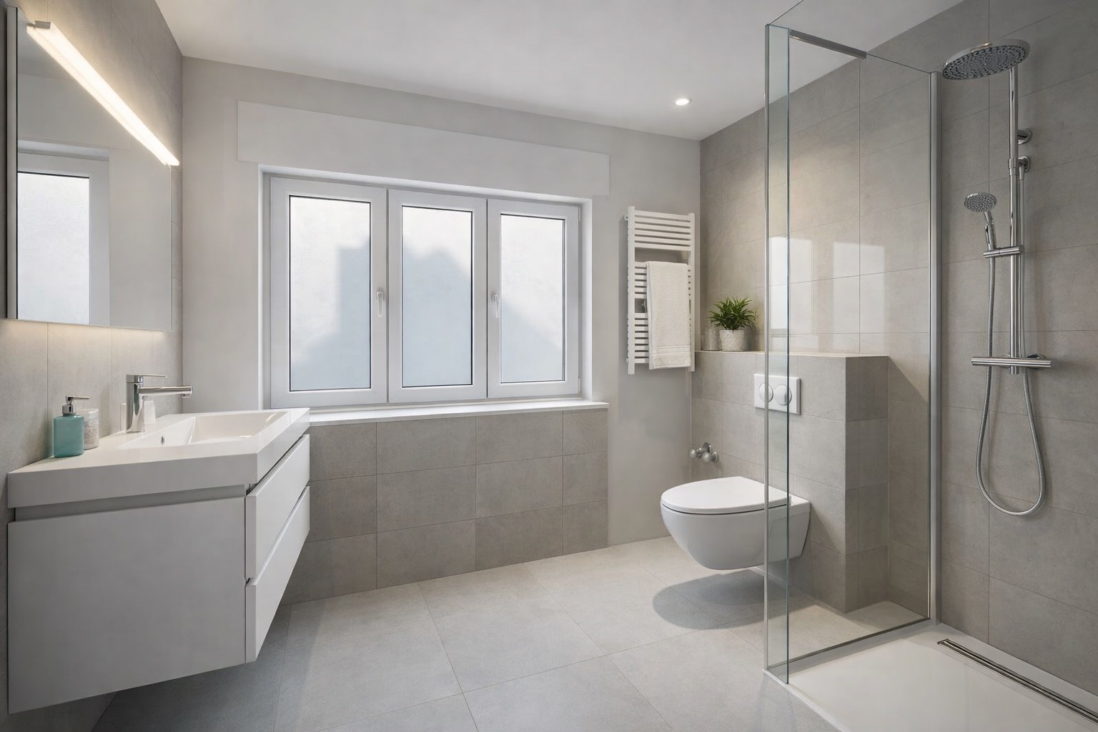 Modernes Badezimmer mit großer Dusche, Wandtoilette, Doppelwaschtisch und Fenster.
