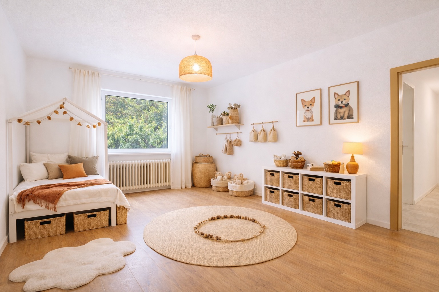 Helles Kinderzimmer mit Holzfußboden, Bett, Regal mit Körben und rundem Teppich.