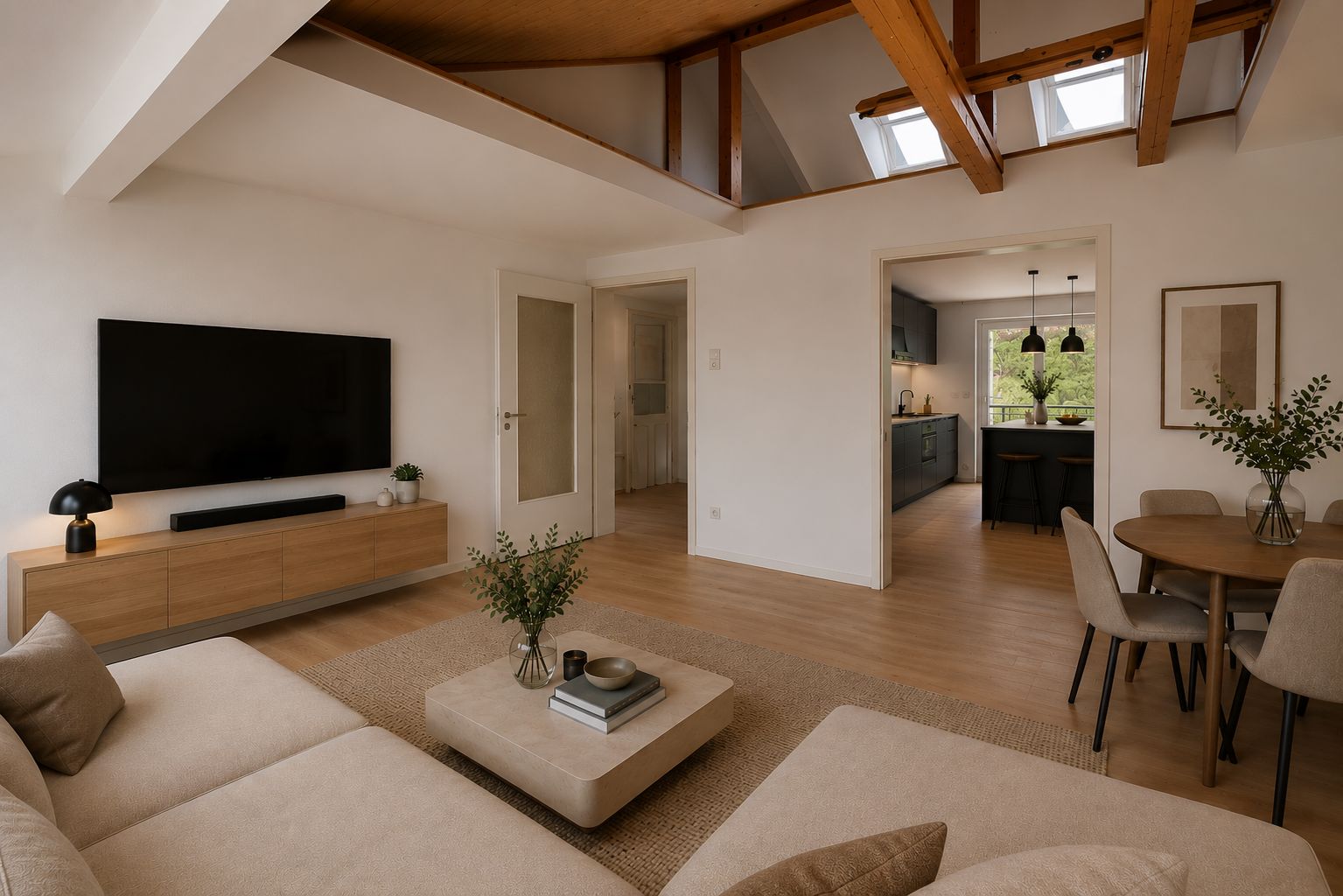 Modernes Wohnzimmer mit Sofa, Fernseher, Esstisch und sichtbaren Holzbalken an der Decke.