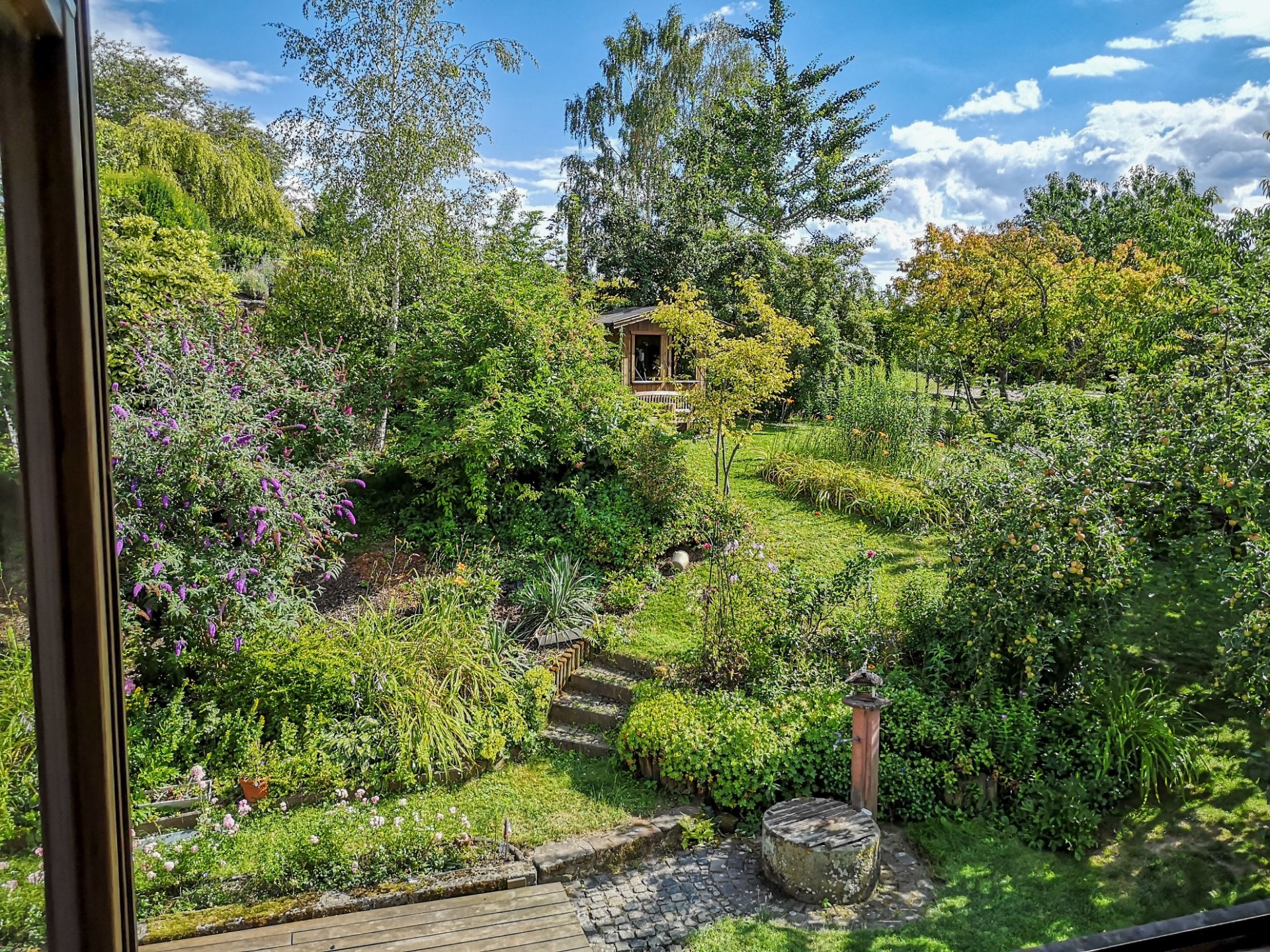 Blick auf einen grünen Garten mit Bäumen, Sträuchern, Blumen und einer kleinen Holzhütte im Hintergrund.