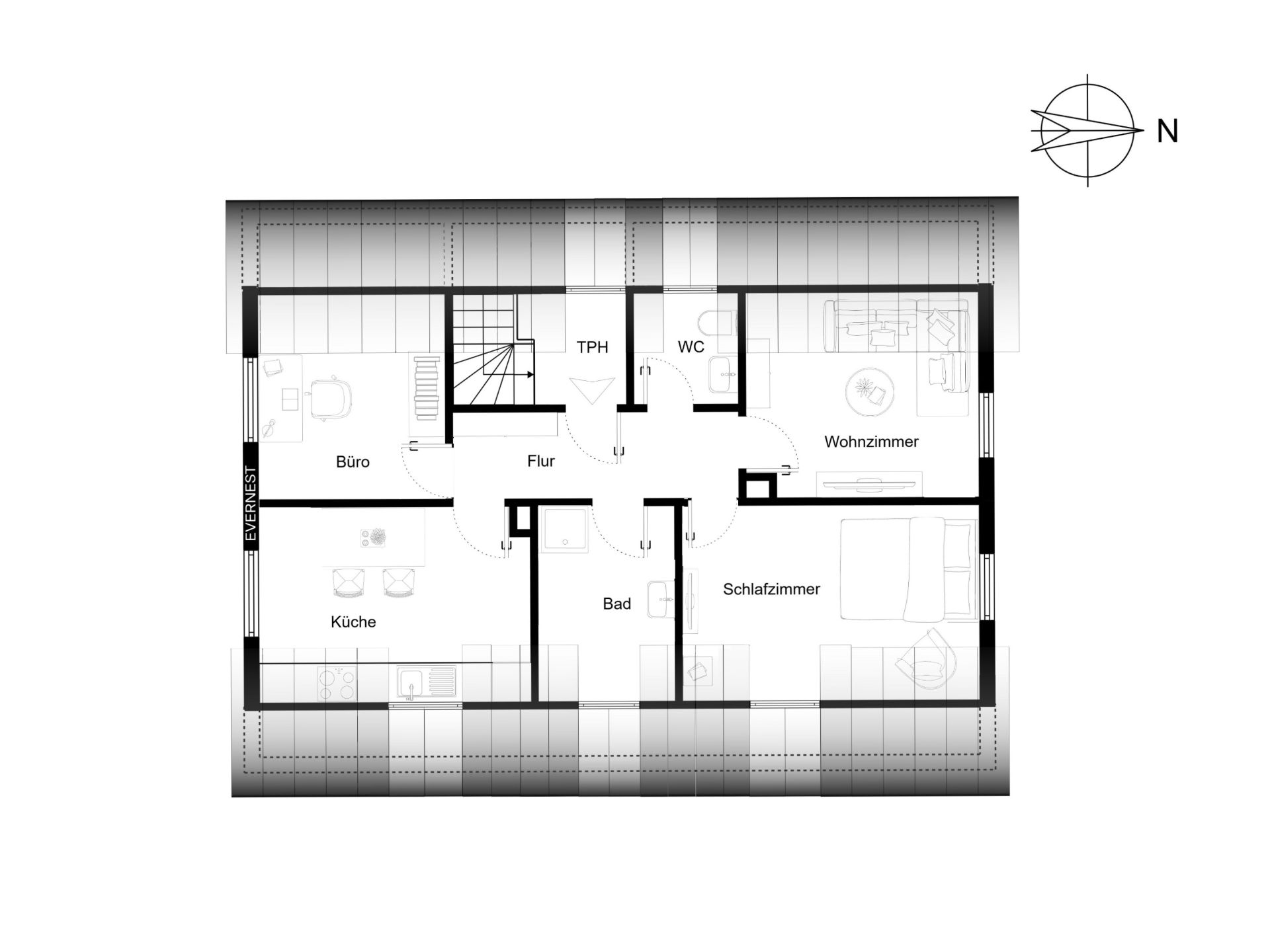 Grundriss einer Wohnung mit Büro, Küche, Schlafzimmer, Wohnzimmer, Bad und WC.