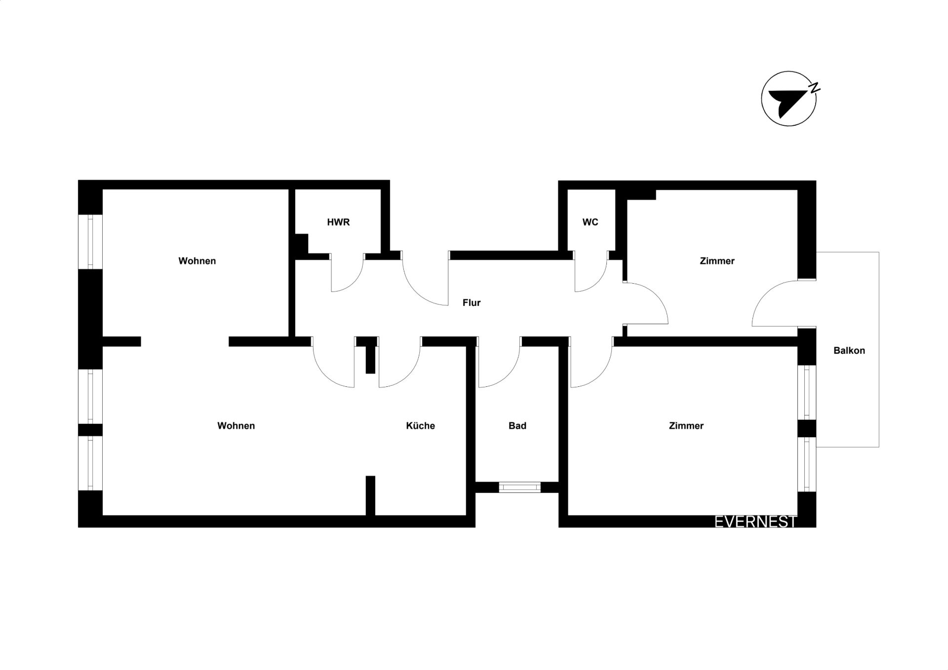 Grundriss einer Wohnung mit zwei Wohnräumen, Küche, Bad, WC, Hauswirtschaftsraum und Balkon.