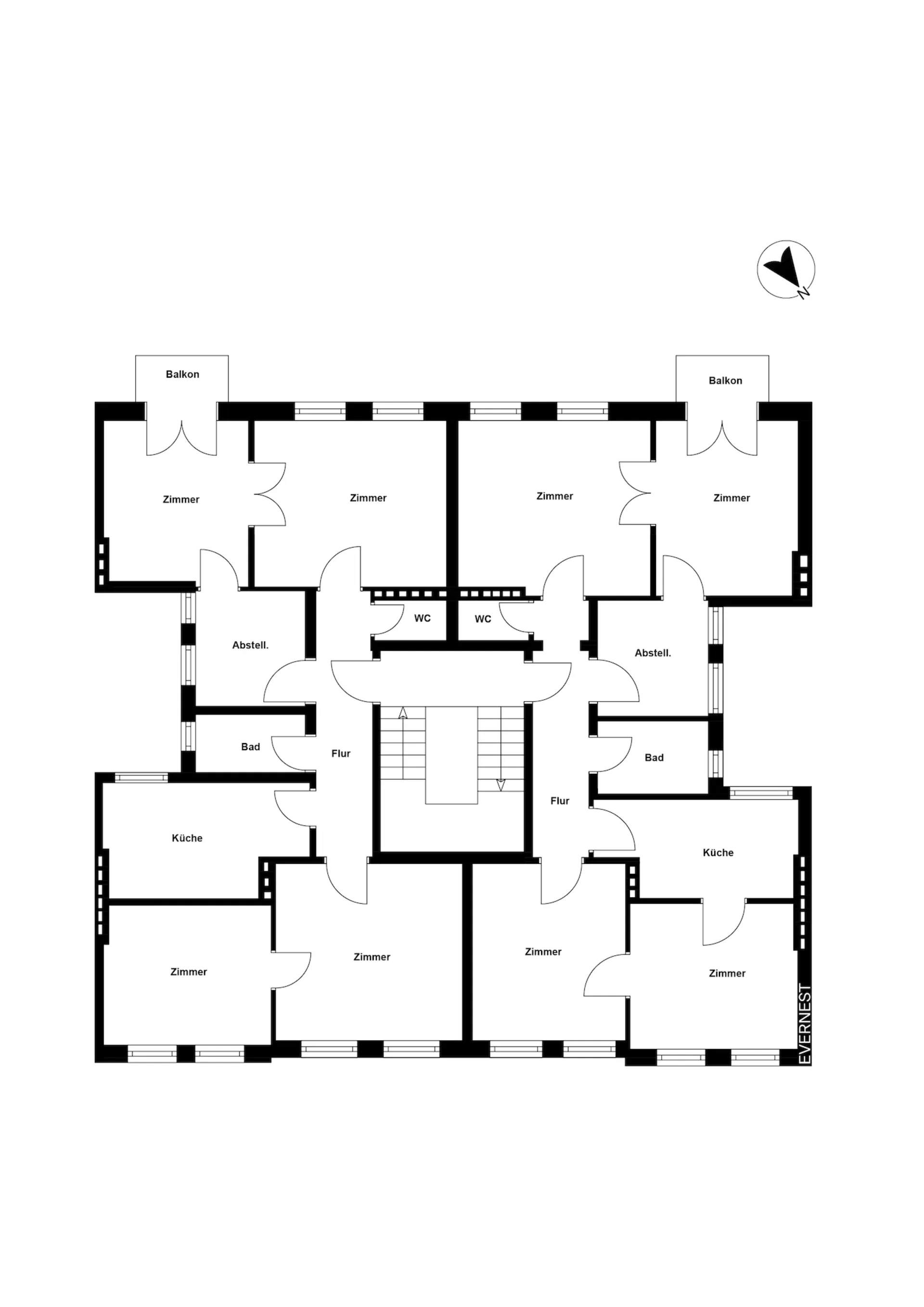 Grundriss einer Wohnung mit mehreren Zimmern, Küchen, Bädern, Fluren und zwei Balkonen.