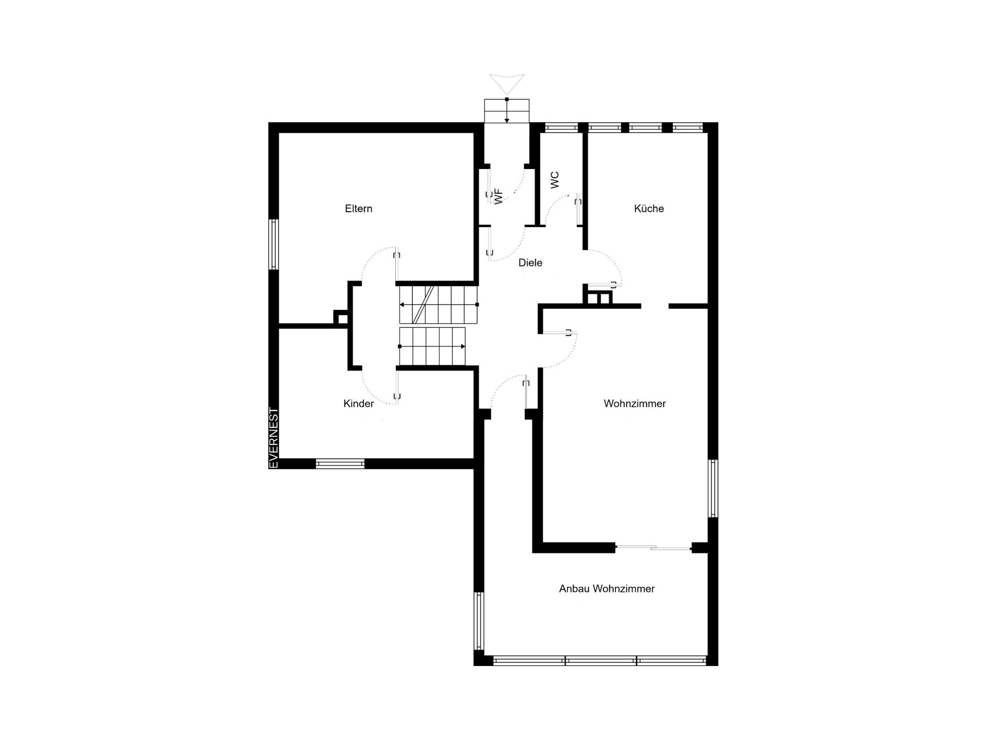 Grundriss einer Wohnung mit Räumen: Eltern, Kinder, Küche, Wohnzimmer, Anbau Wohnzimmer, WC, Diele.