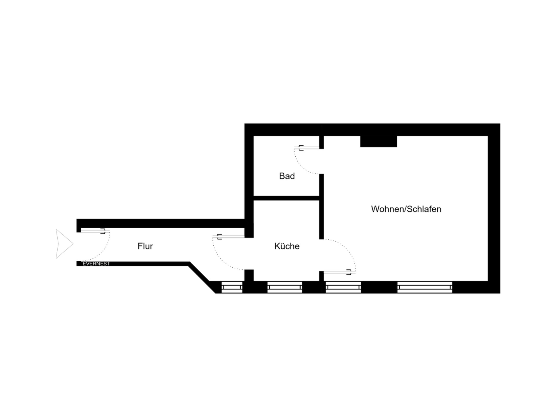 Grundriss mit Flur, Küche, Bad und Wohn-/Schlafbereich.