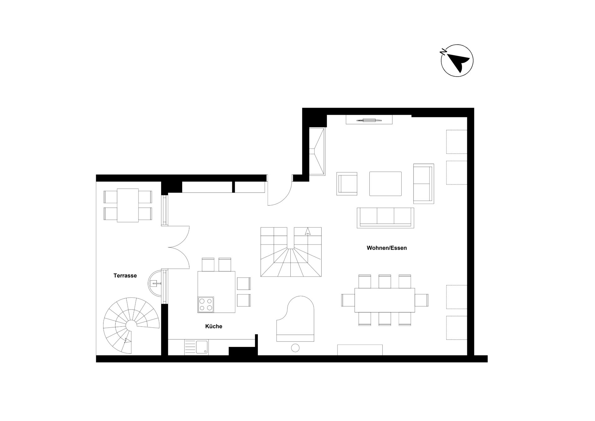 Grundriss zeigt Küche, Wohnzimmer, Essbereich und Terrasse in einer Wohnung.