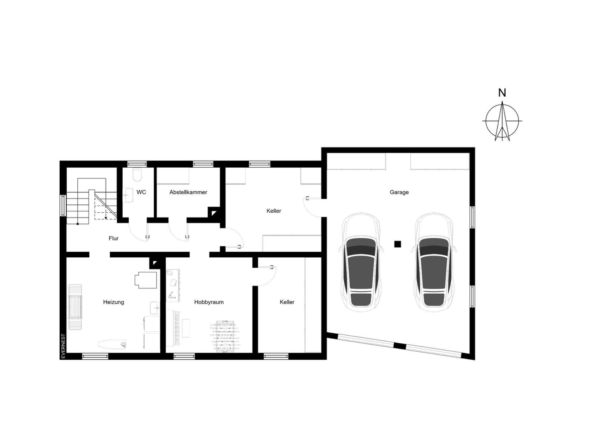 Grundriss mit Garage, zwei Autos, Hobbyraum, Heizung, Keller, WC und Flur.