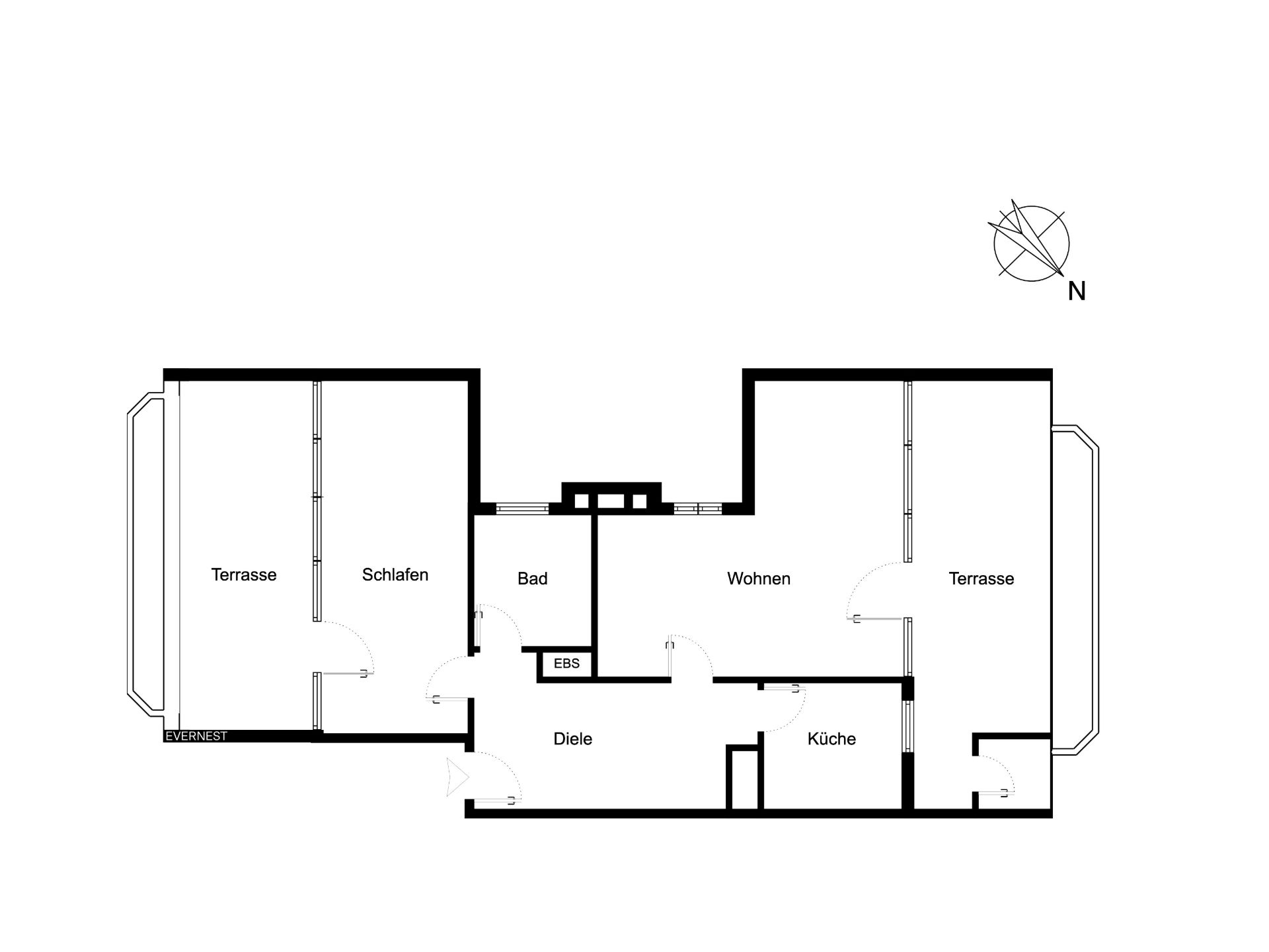 Wohnungsgrundriss mit Schlafzimmer, Wohnzimmer, Küche, Bad, Diele und zwei Terrassen.